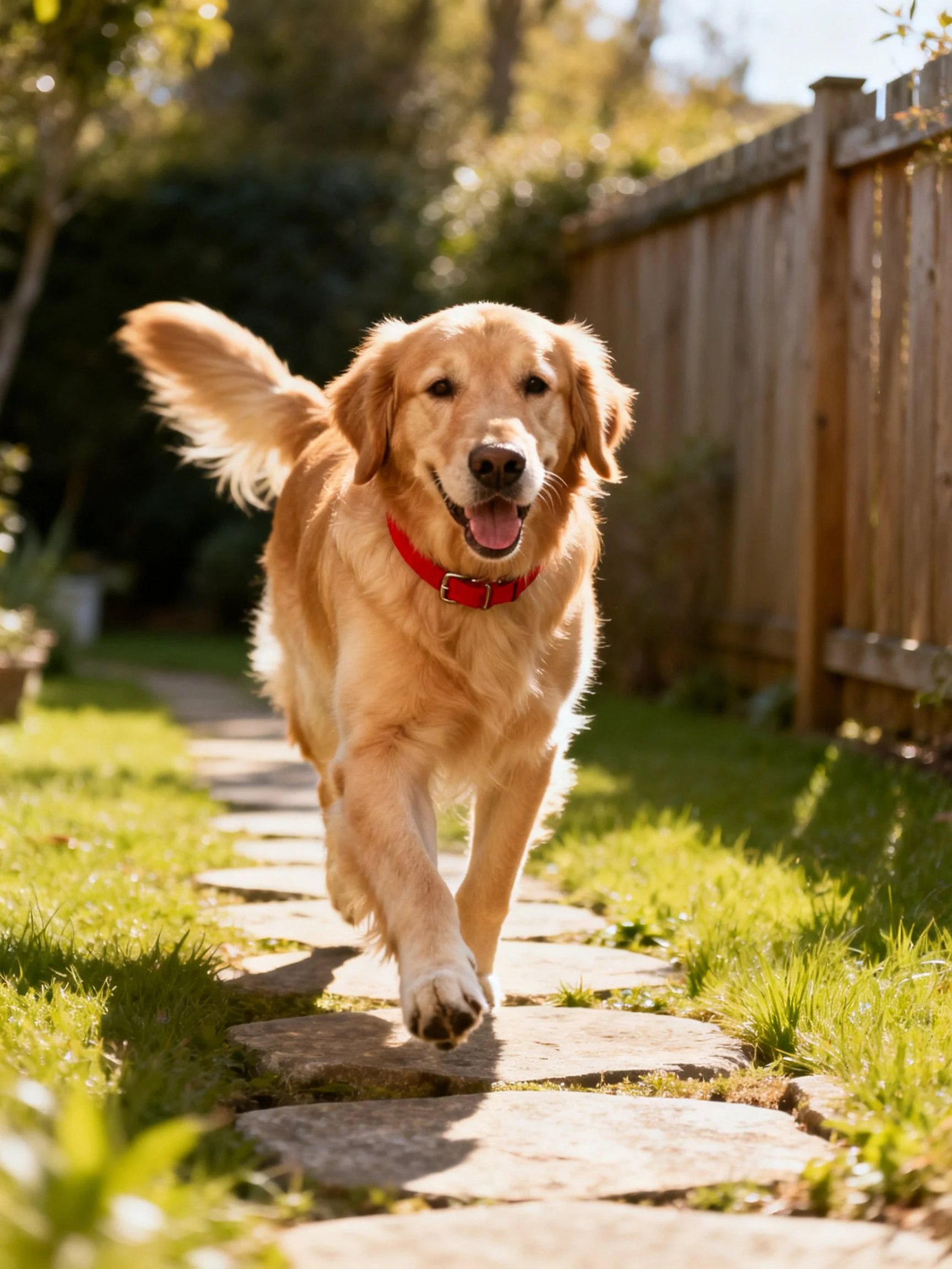 A golden retriever joyfully runs along a stone pathway in a sunlit backyard.
