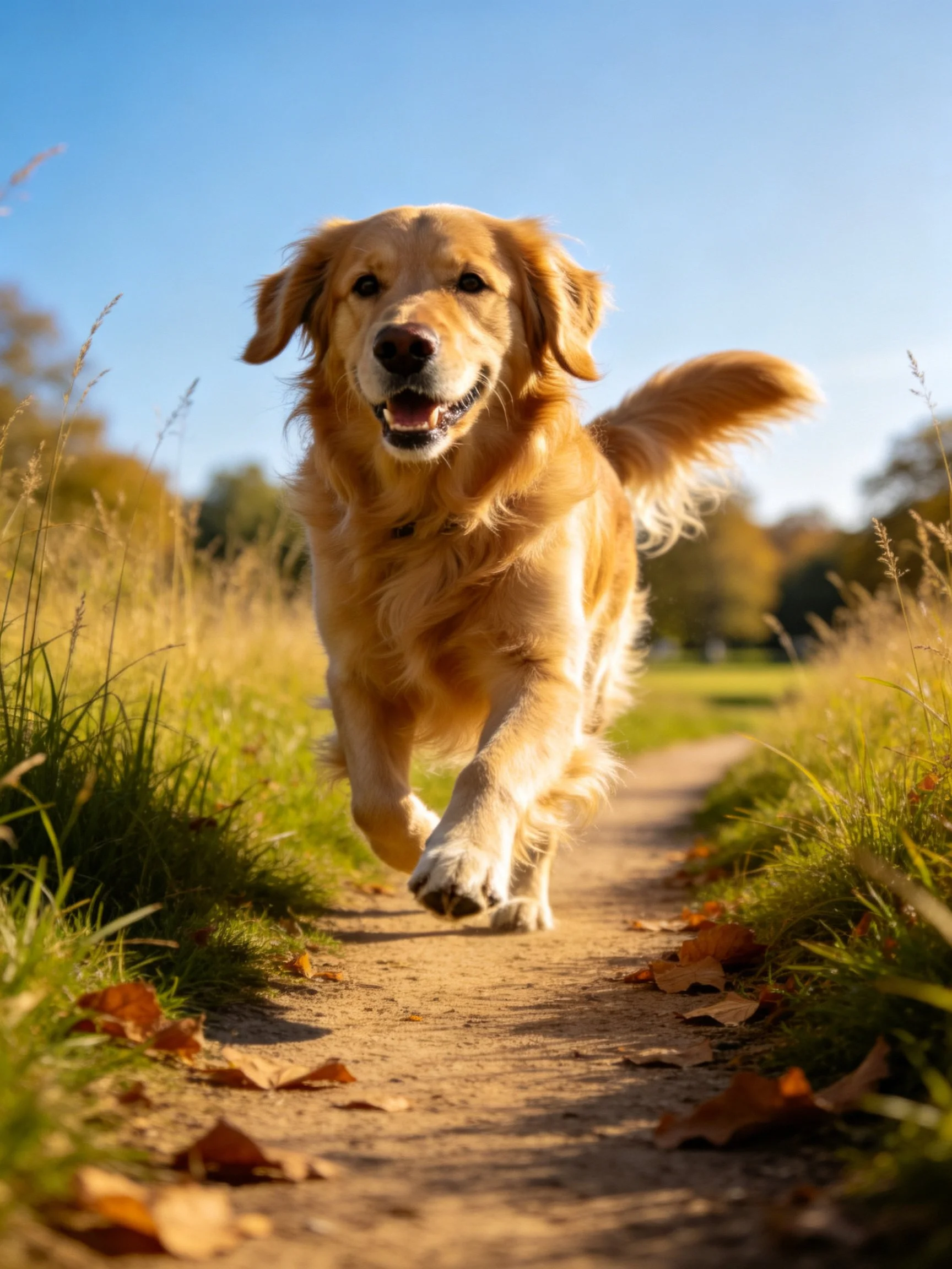 Golden retriever running on a sunlit dirt path surrounded by tall grass