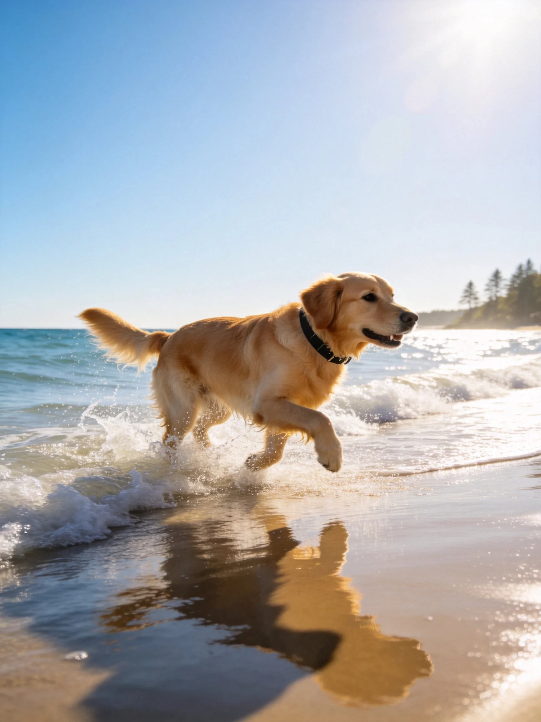 A golden retriever runs through ocean waves on a sunny beach.
