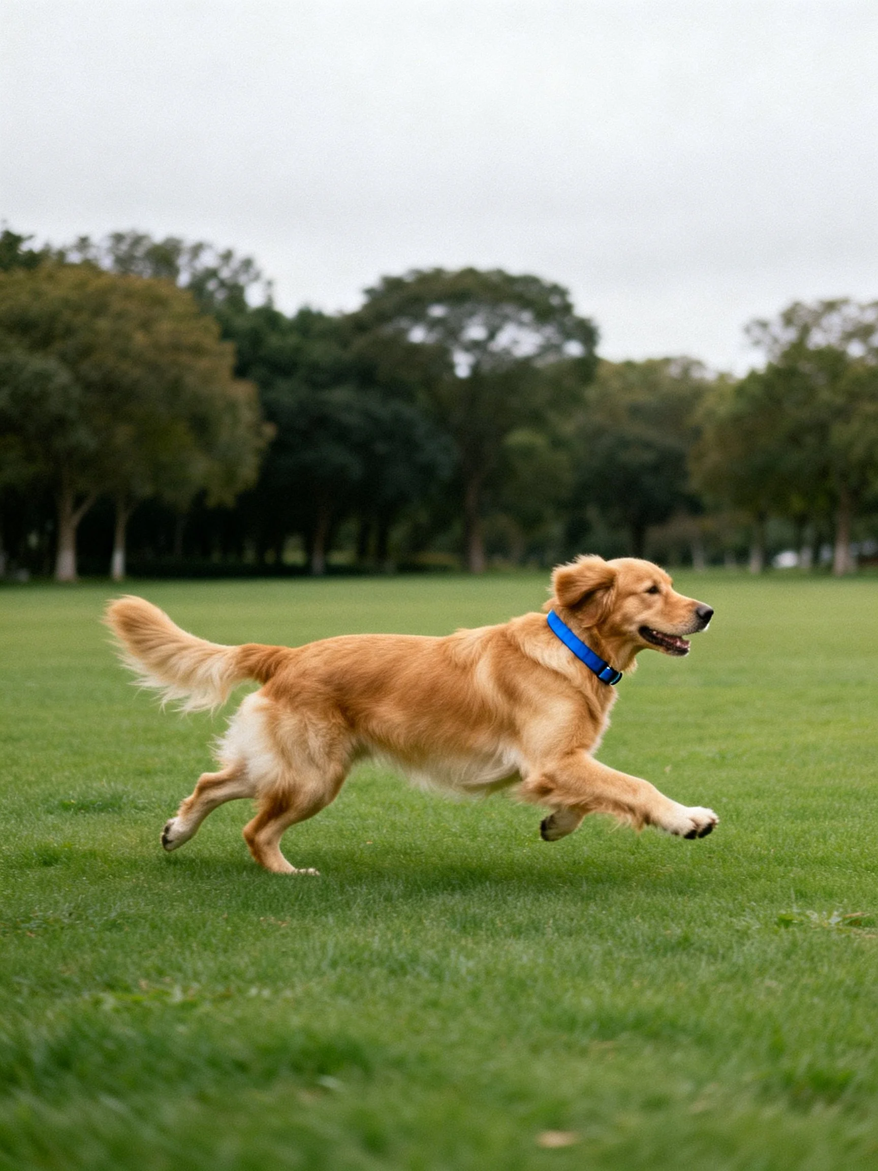 Golden retriever runs energetically on a lush green field