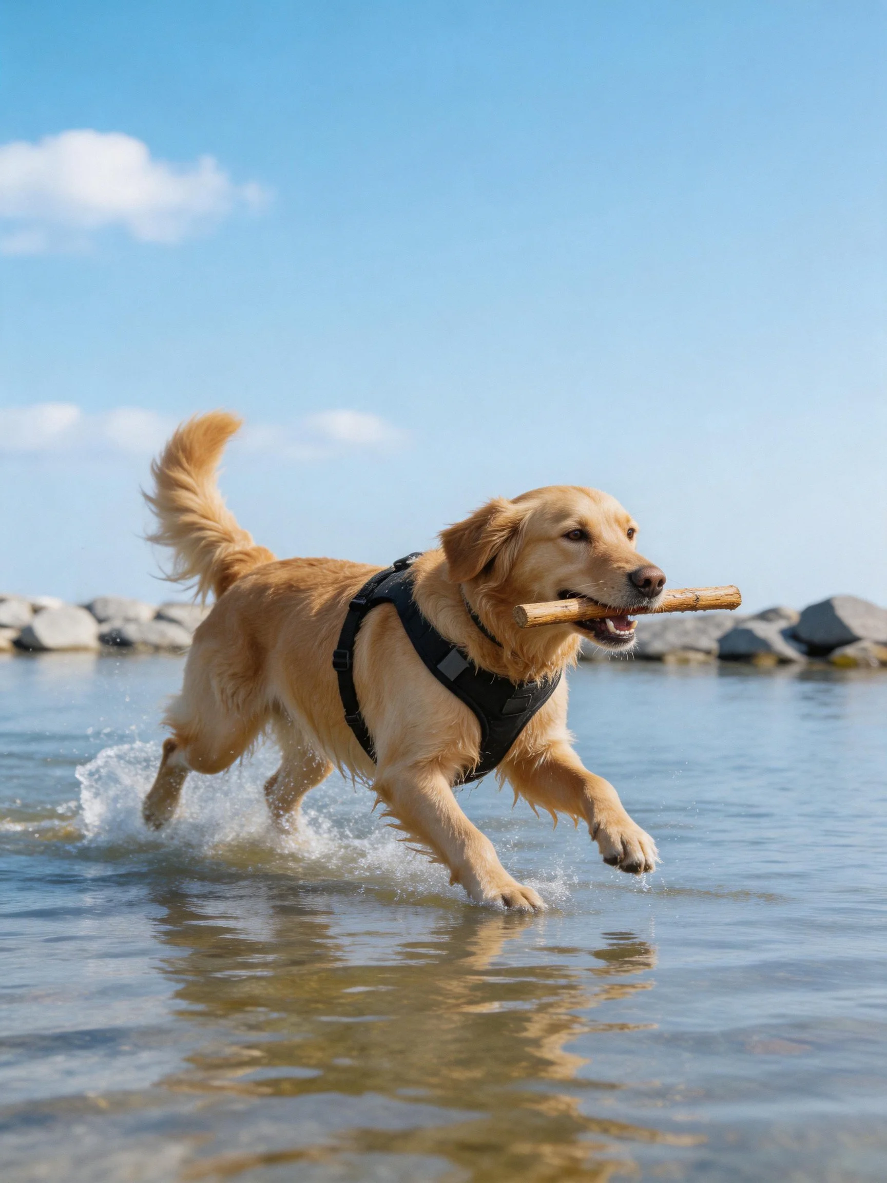 Golden retriever carries a stick while running through shallow water.