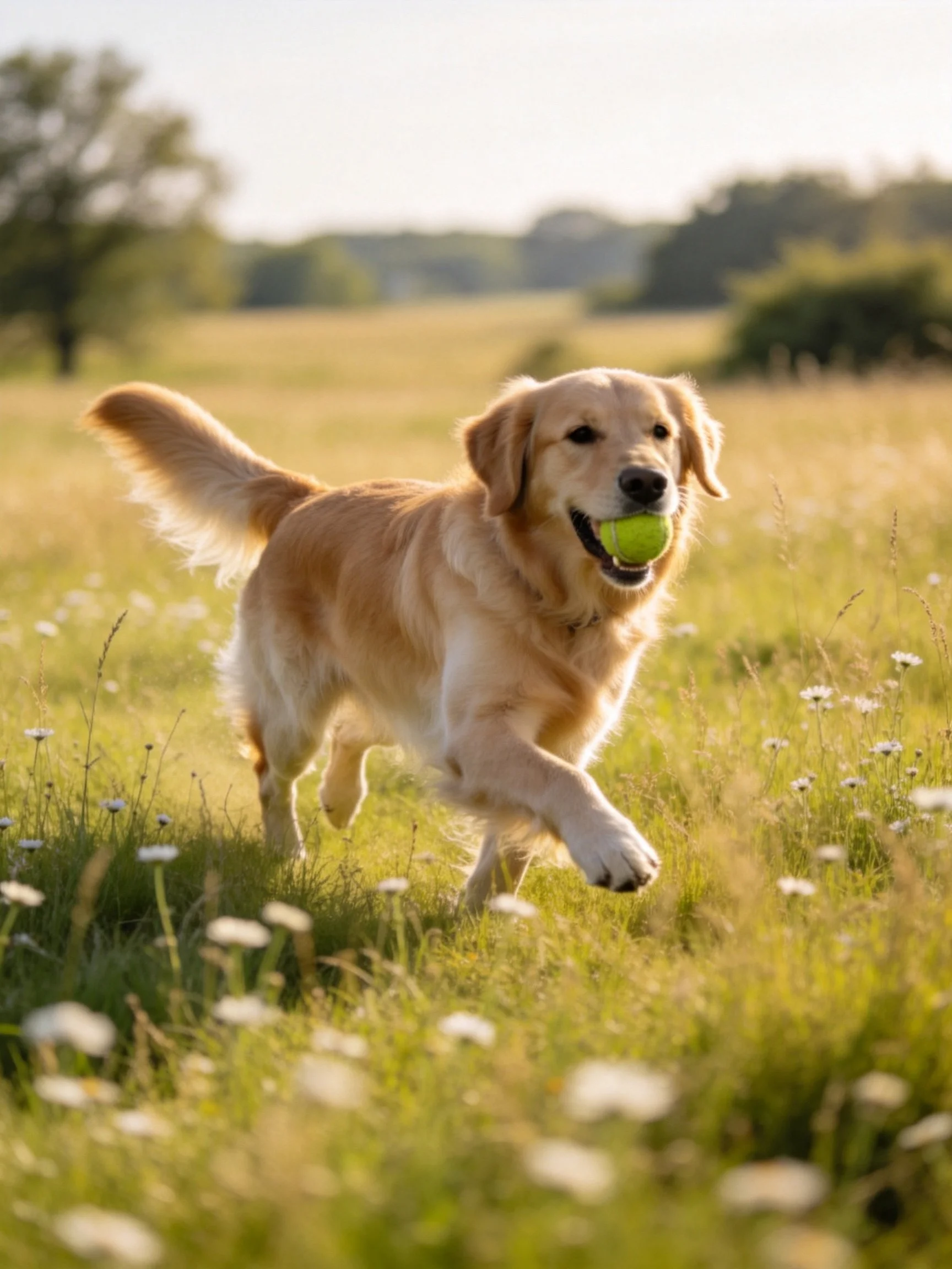 A golden retriever carries a tennis ball while running through a sunlit meadow.