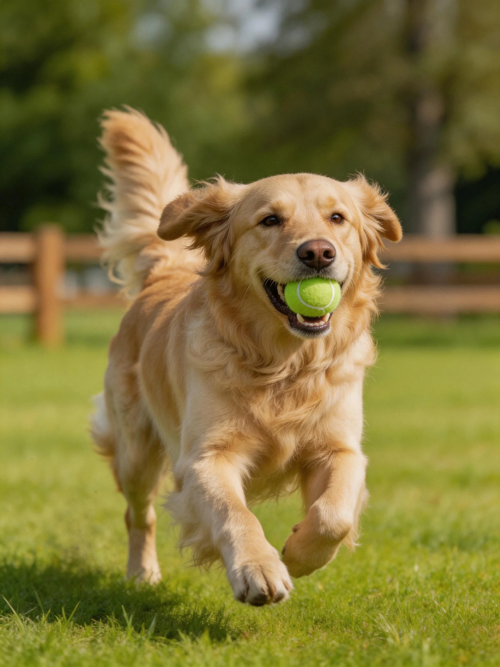 Golden retriever runs with a tennis ball in a grassy outdoor area