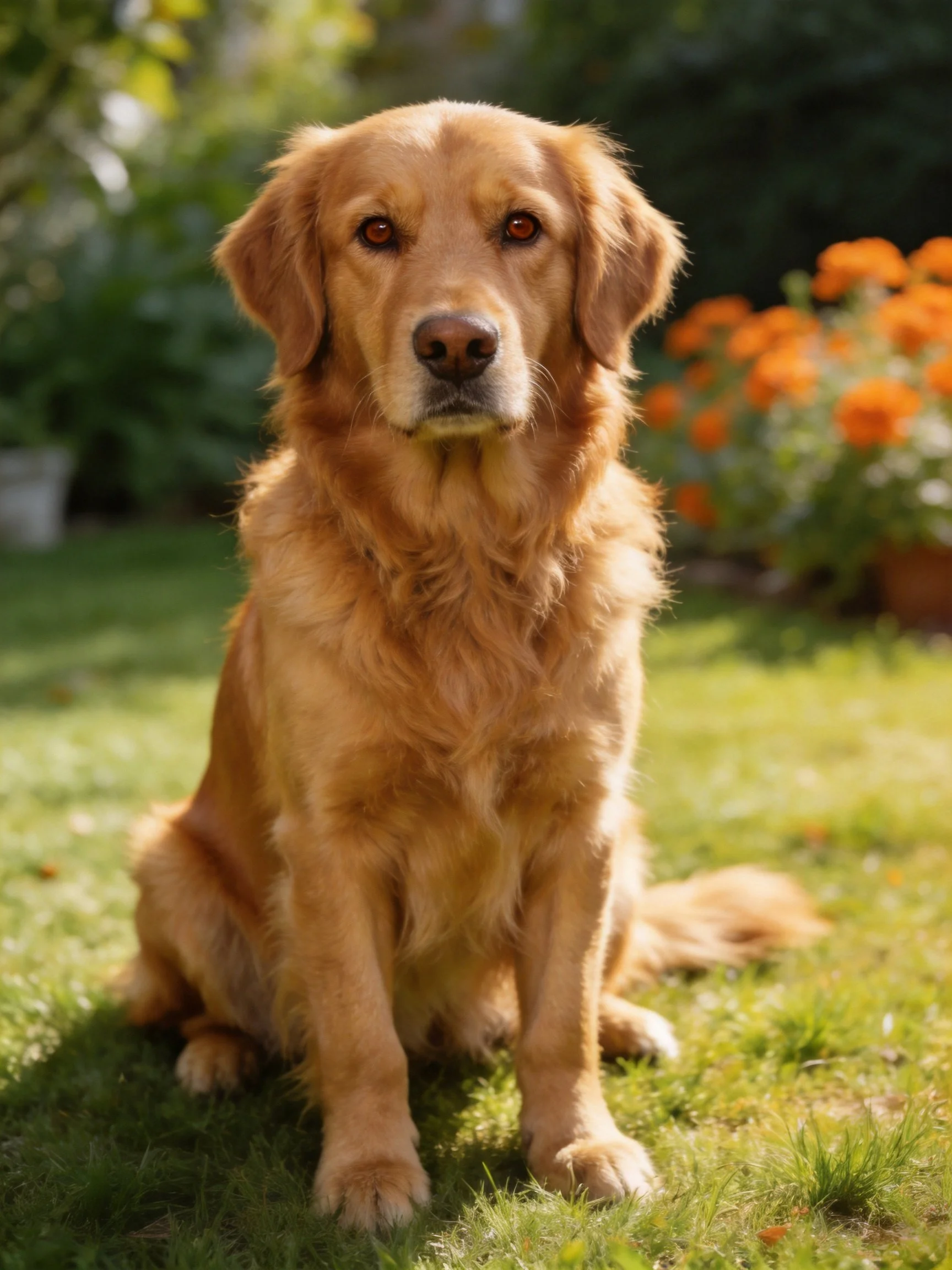 Golden retriever seated on green grass beside vibrant orange flowers