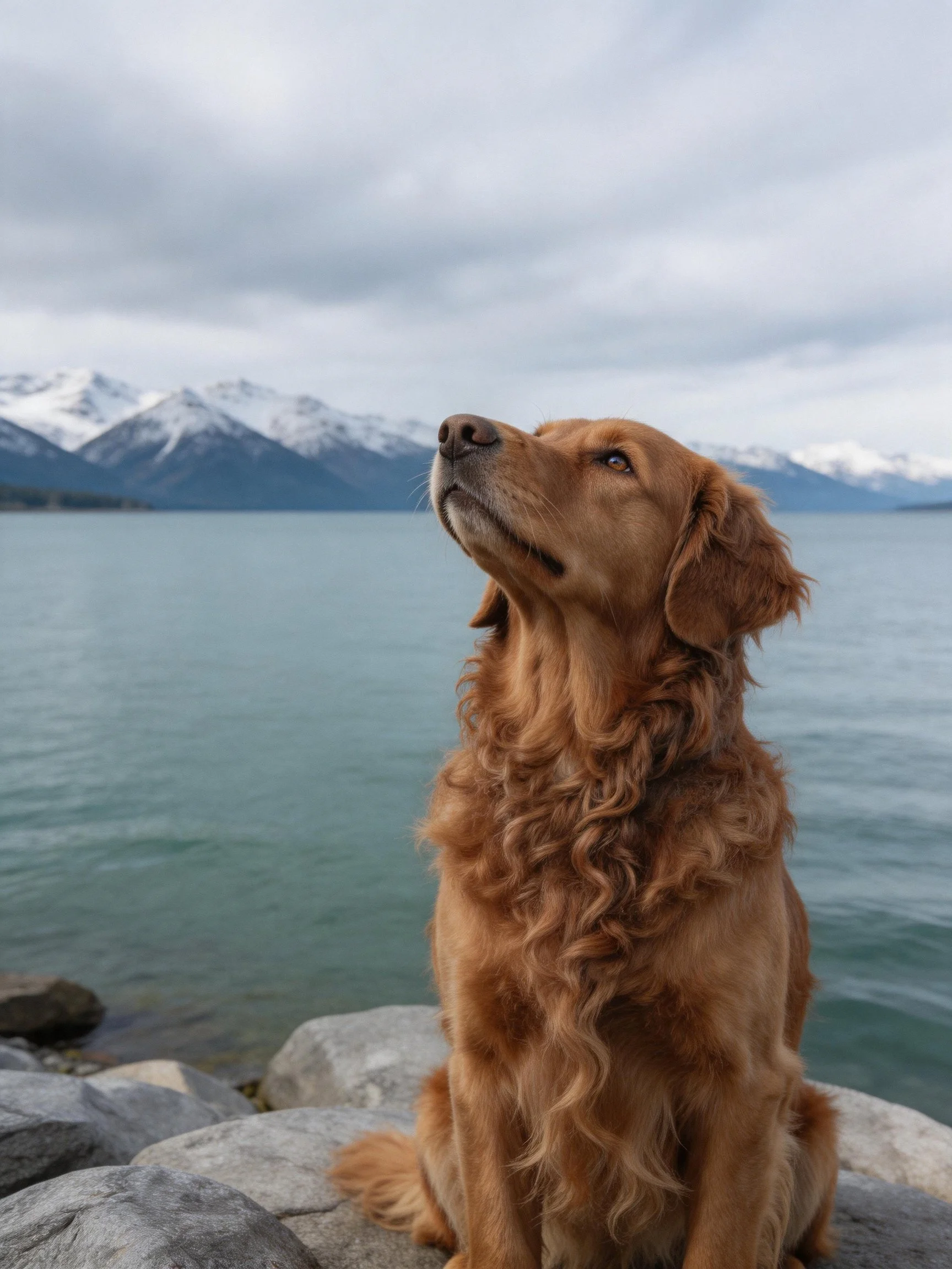 Golden retriever sits by calm lake near snow-capped mountains