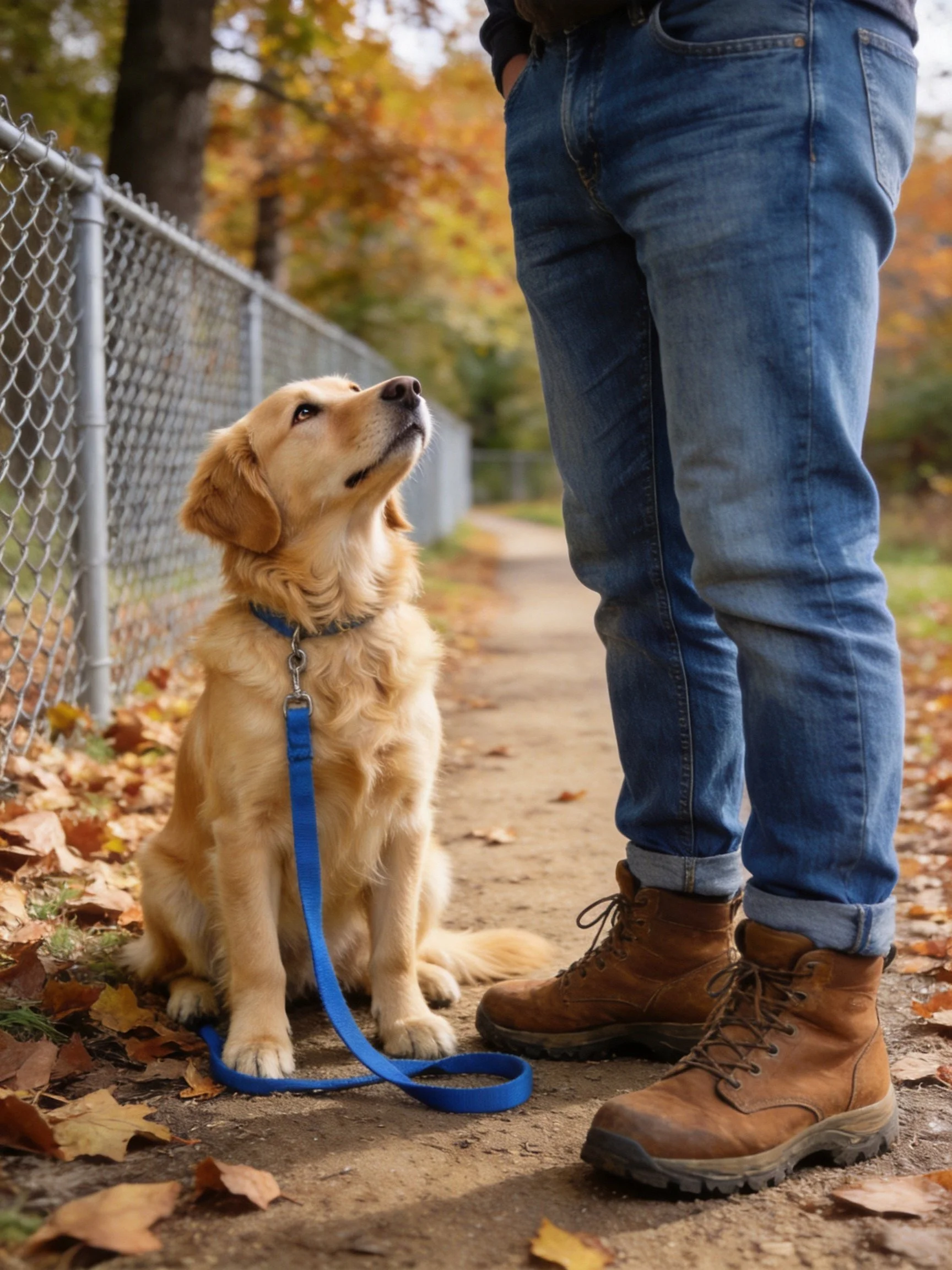 A golden retriever sits near a person in blue jeans by a chain-link fence with fallen leaves.
