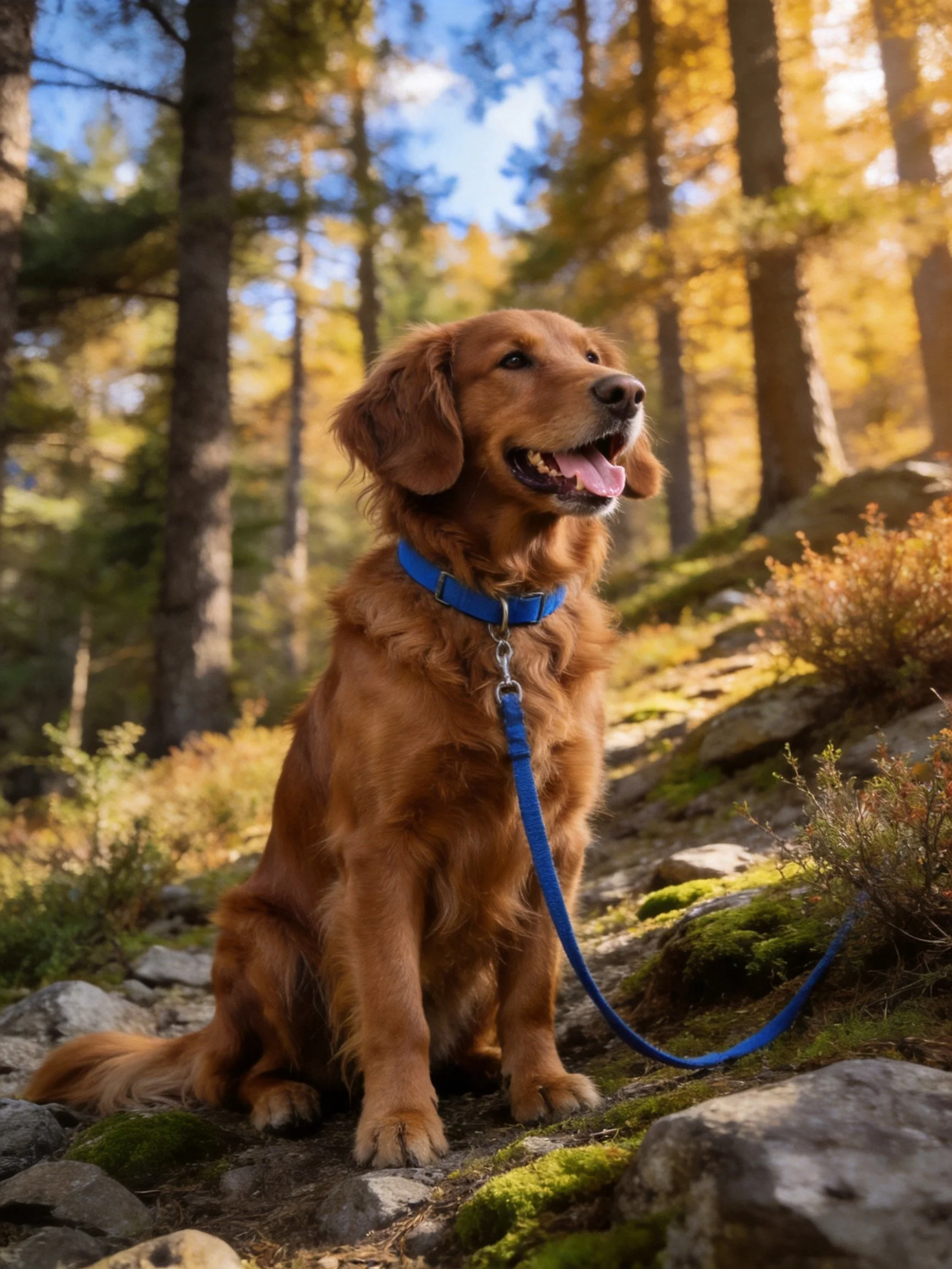 Golden retriever sits calmly in autumnal forest with blue leash