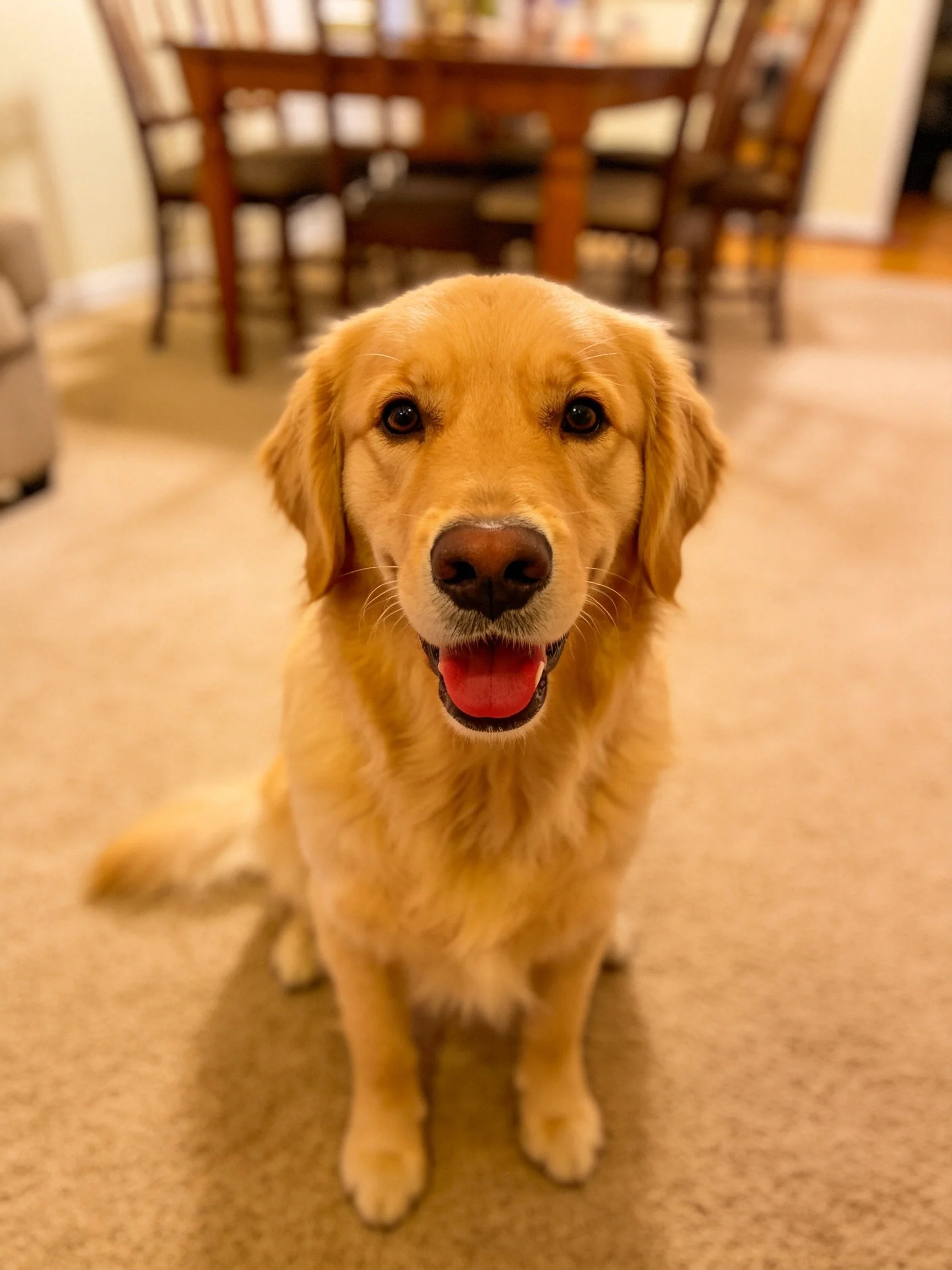 Golden retriever sits contentedly on a beige carpet near wooden furniture