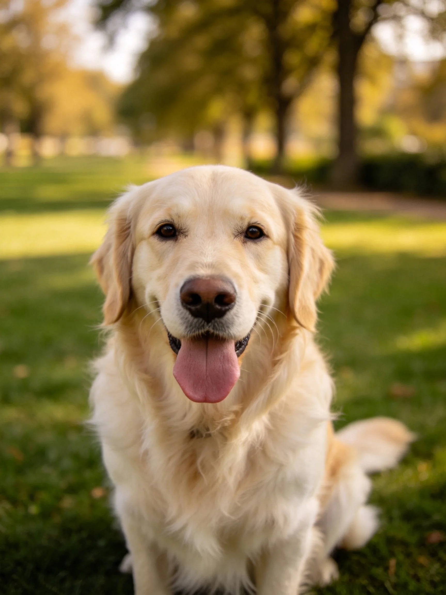 A golden retriever relaxes on grass in a sunlit outdoor area.