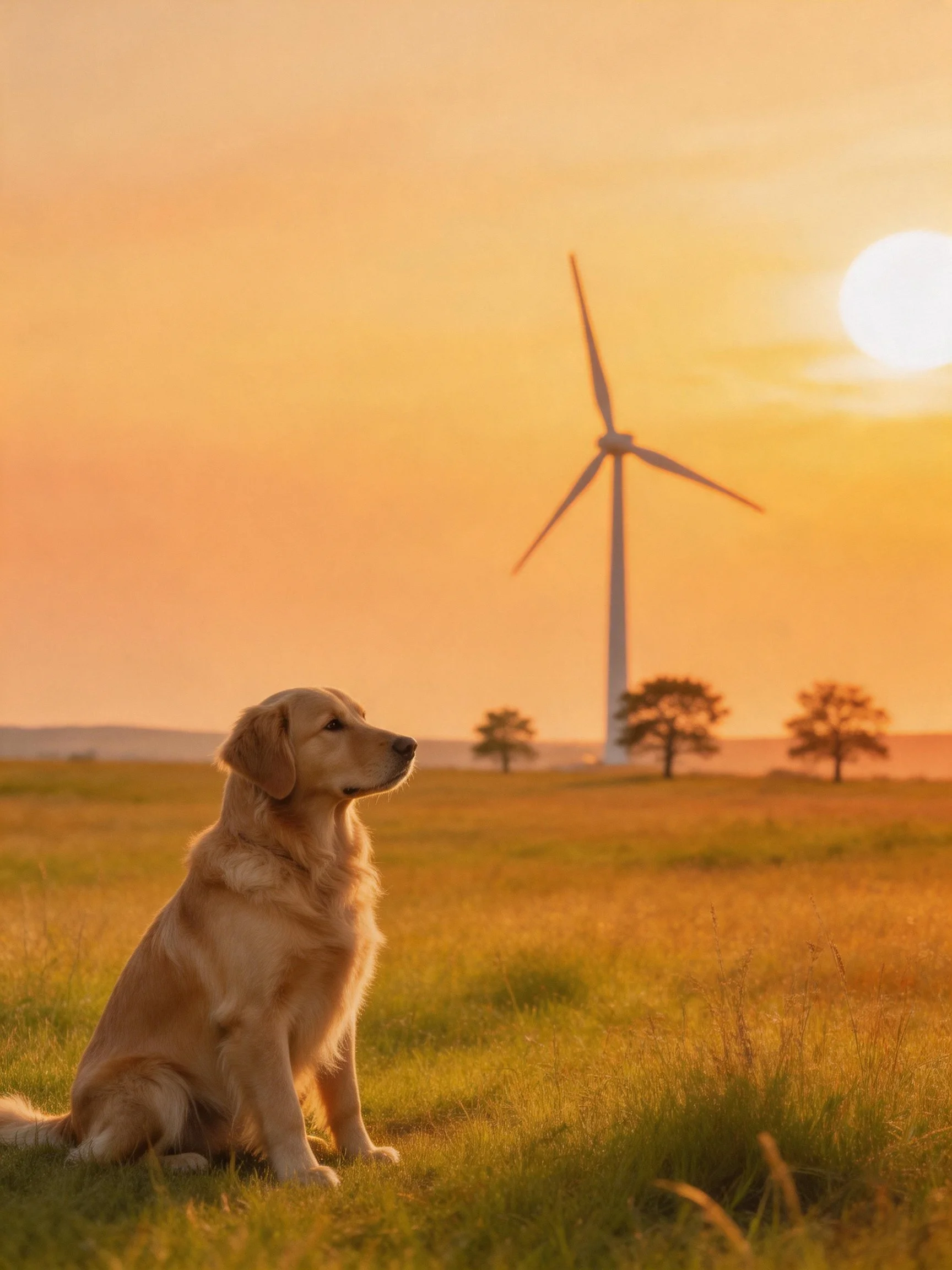 A golden retriever sits in a golden field with a wind turbine in the distance during sunset.