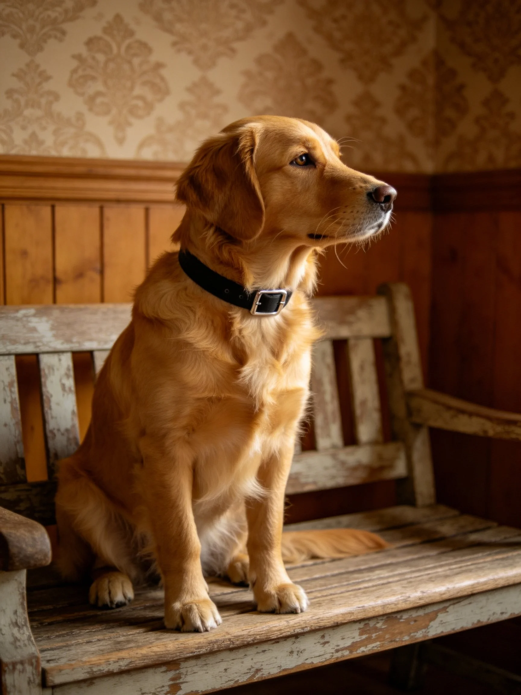 Golden retriever sits calmly on an aged wooden bench in a vintage room.