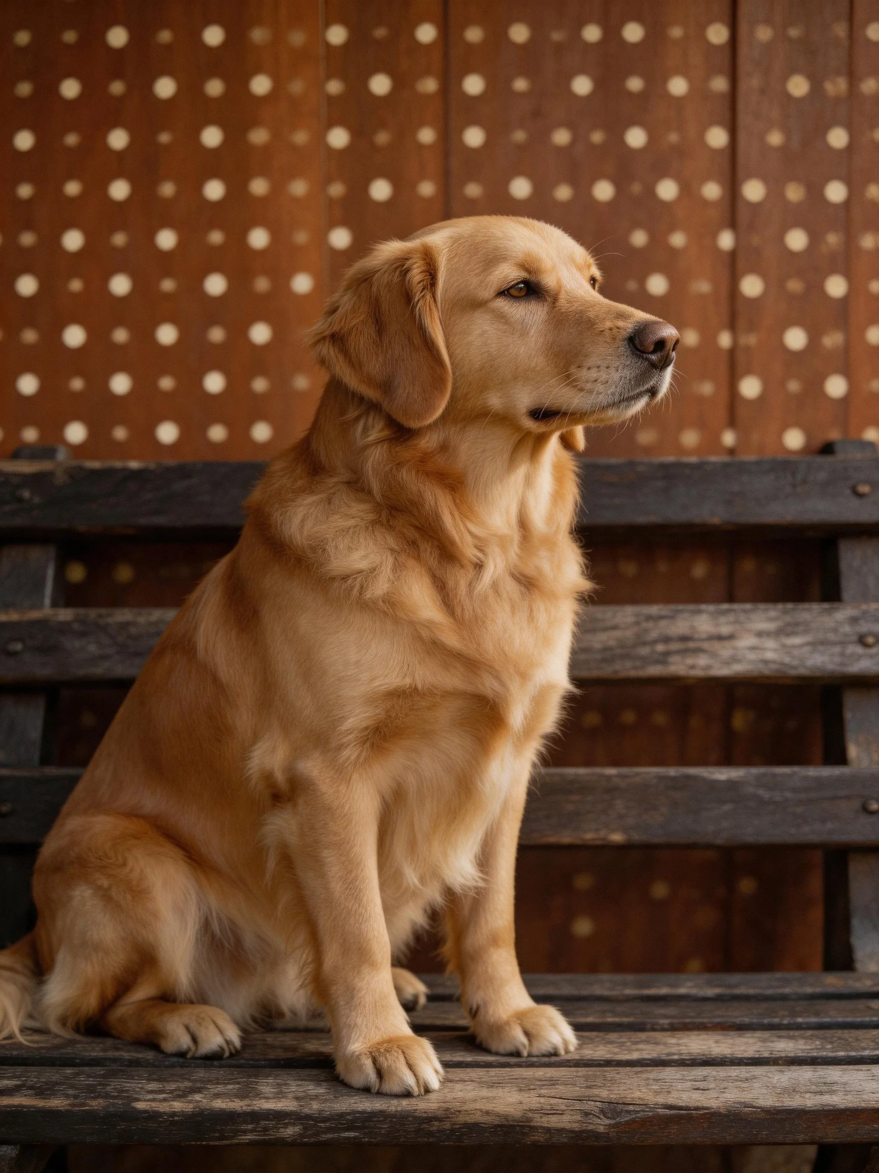 Golden retriever sits on aged wooden bench with patterned brown backdrop