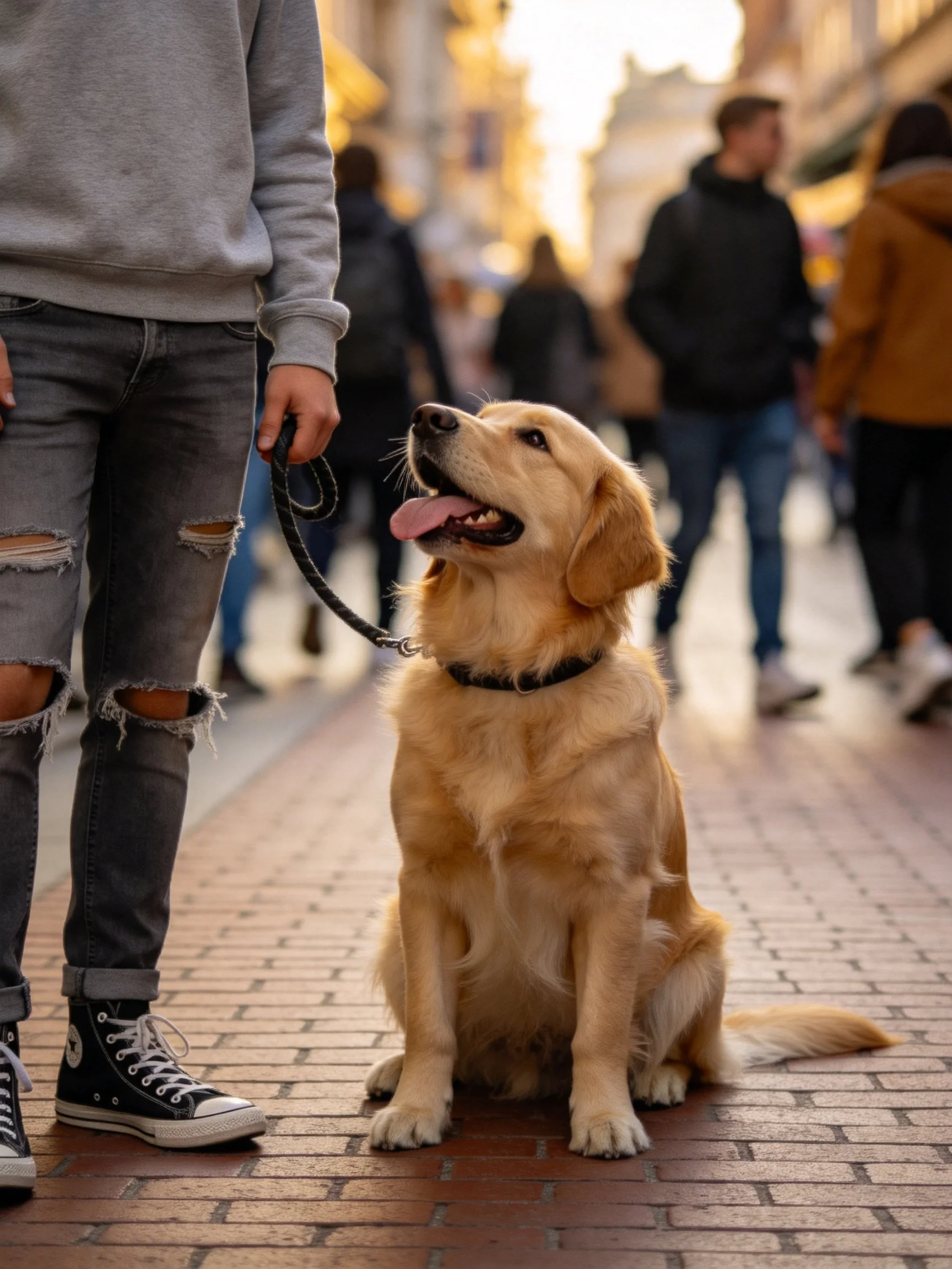 A golden retriever sits calmly next to a person in a gray hoodie on a busy brick street.