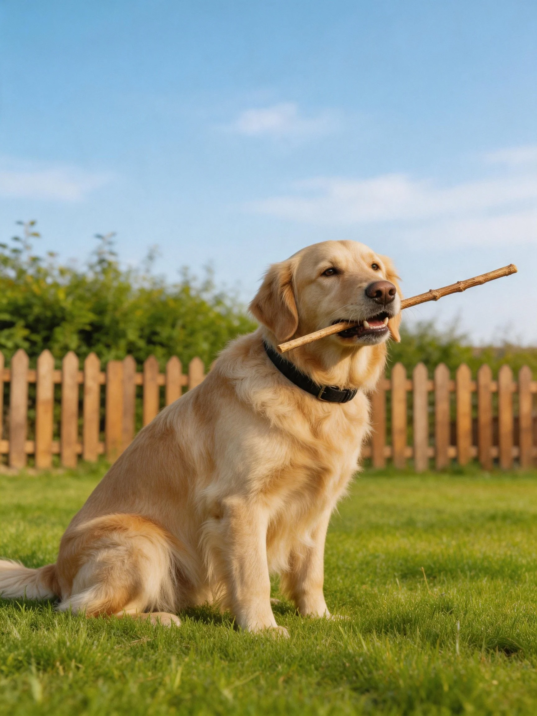 A golden retriever sits on grass holding a stick near a wooden fence
