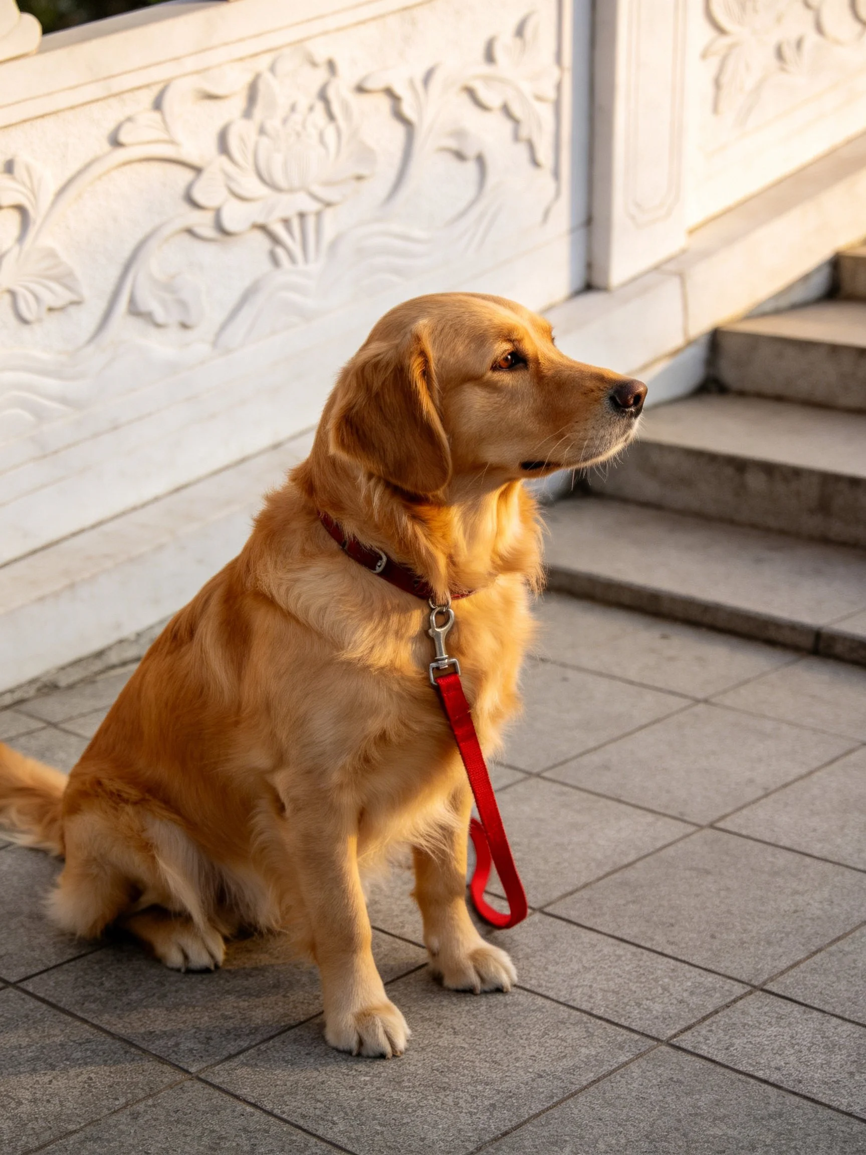 Golden retriever sits on gray tiles beside ornate white wall