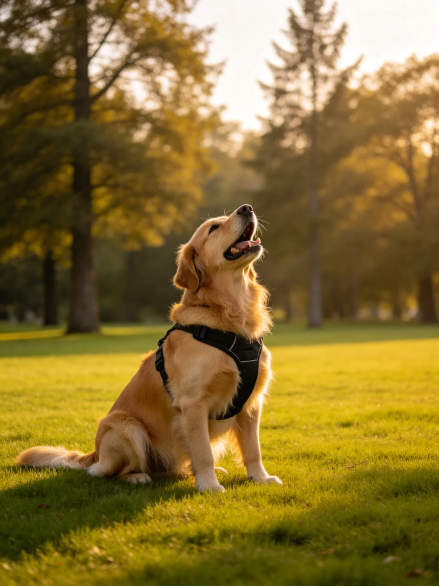 A golden retriever sits calmly on grass in a sunlit park.