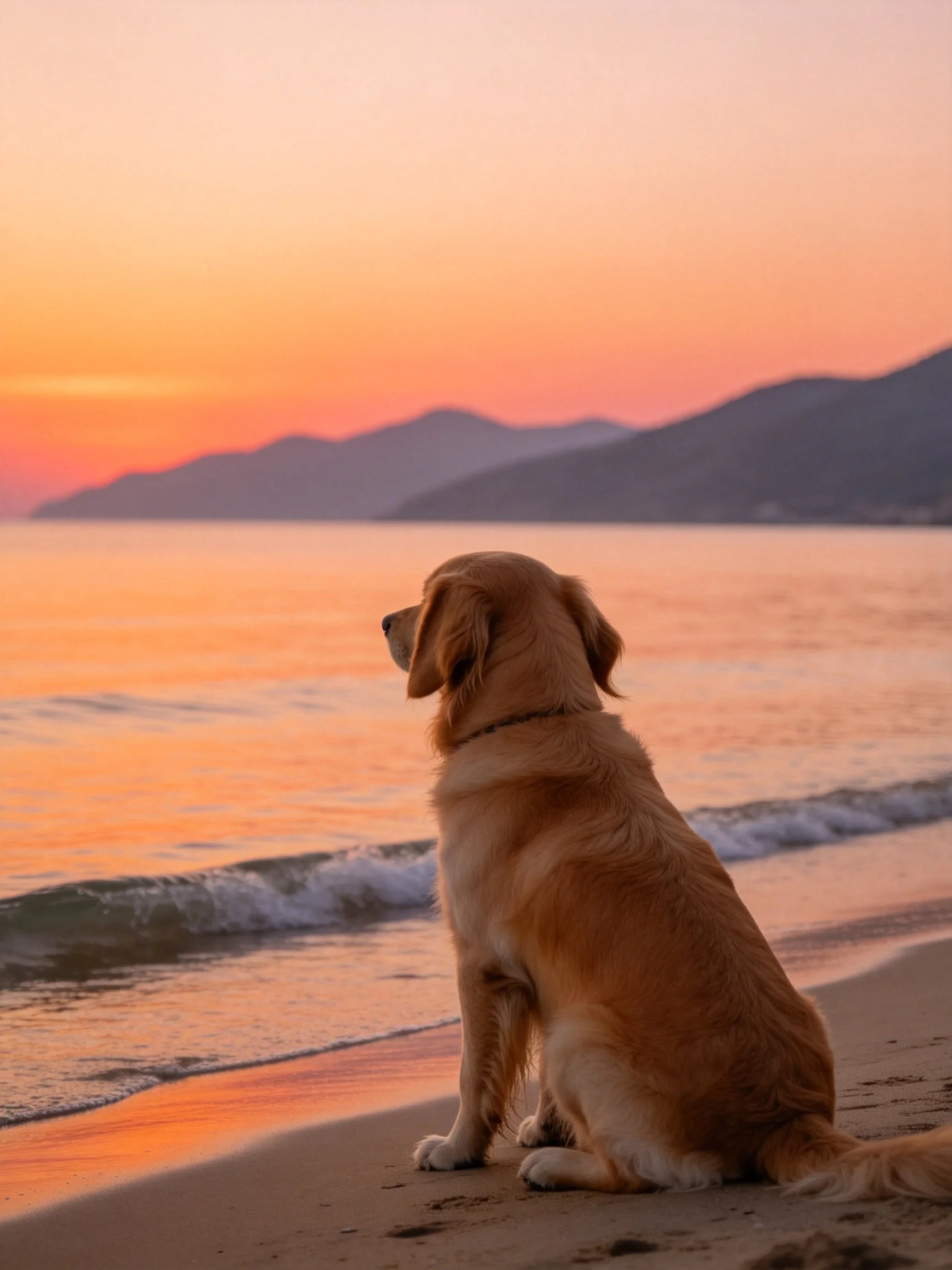 Golden retriever sits on sandy beach during warm sunset over calm waters
