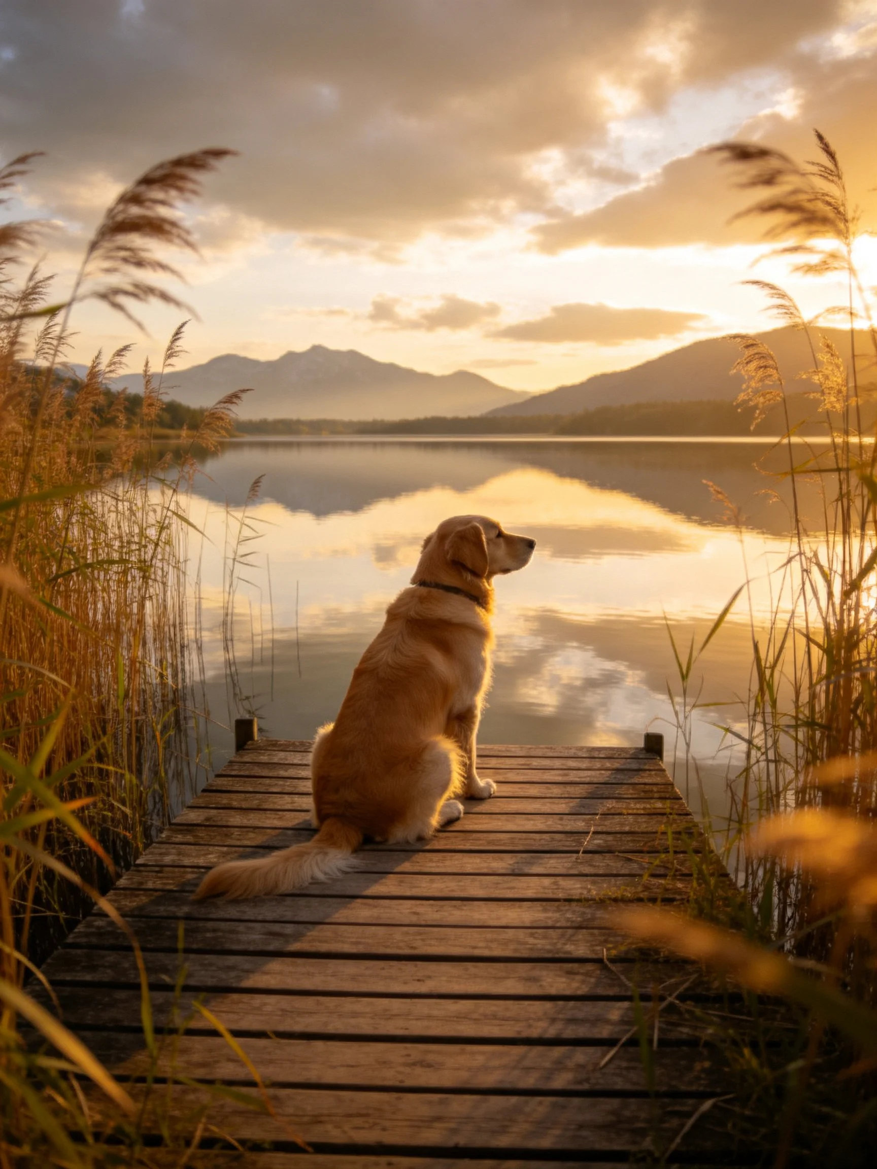 A golden retriever sits on a wooden dock overlooking a calm lake during sunset.