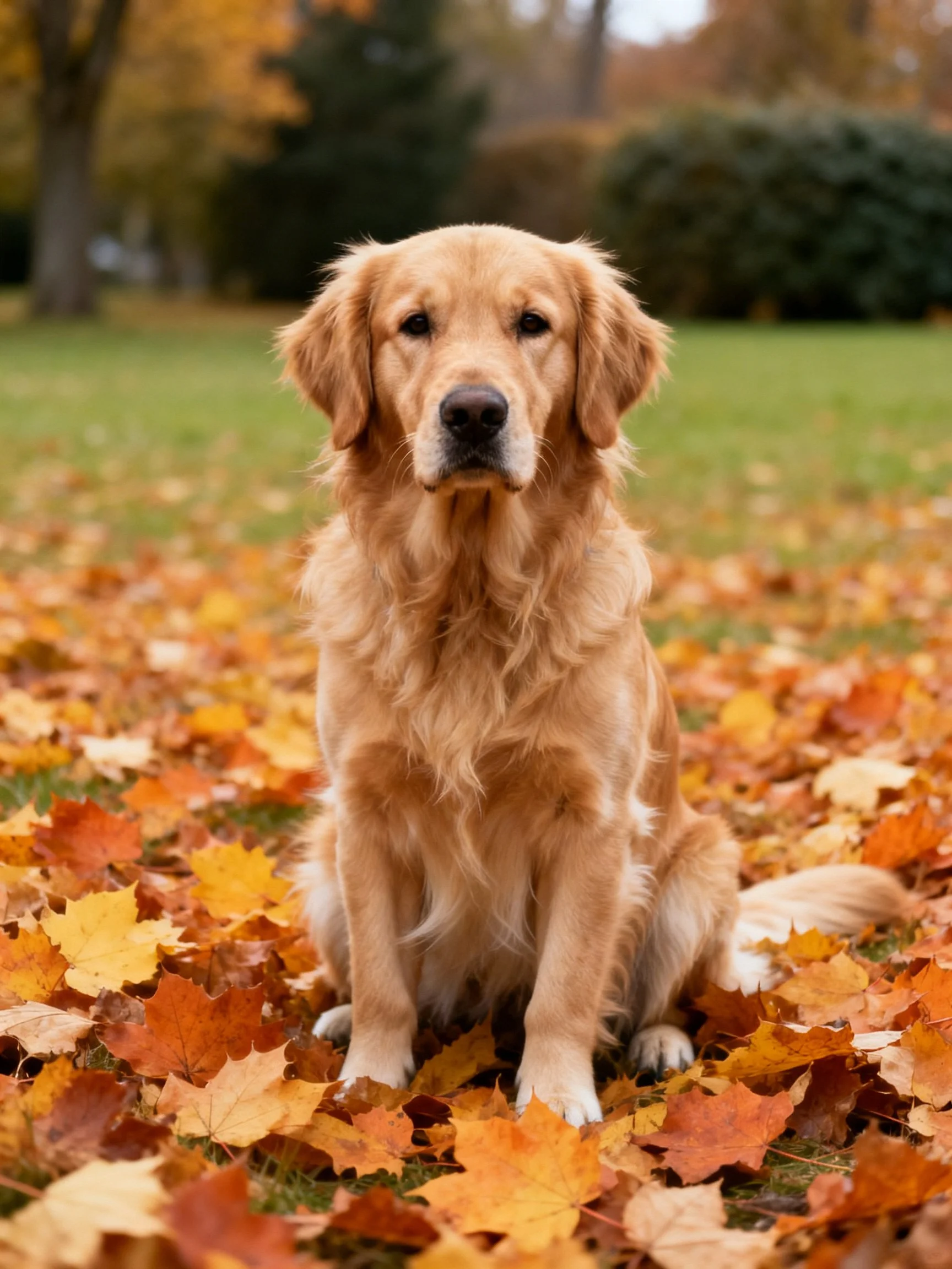 A golden retriever sits calmly among fallen autumn leaves in a park.
