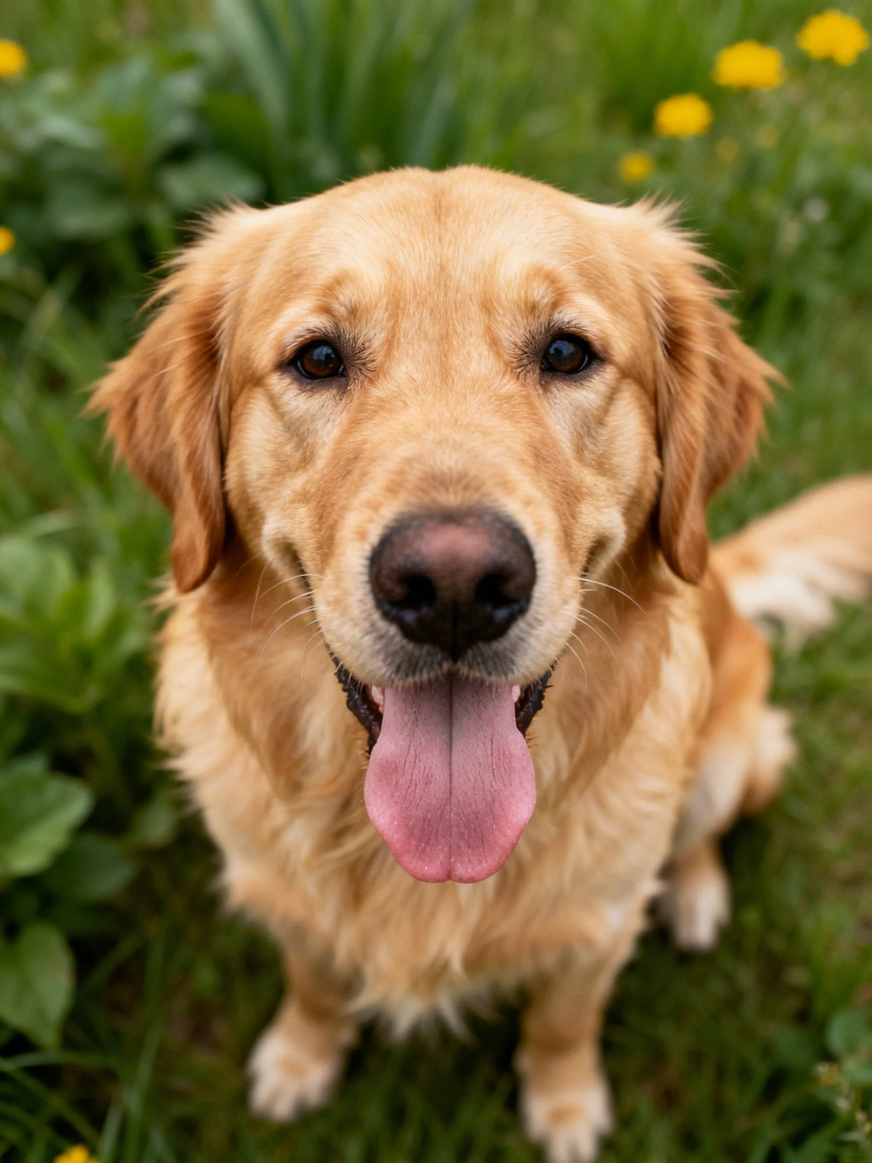 A golden retriever sits happily amidst greenery and yellow flowers.