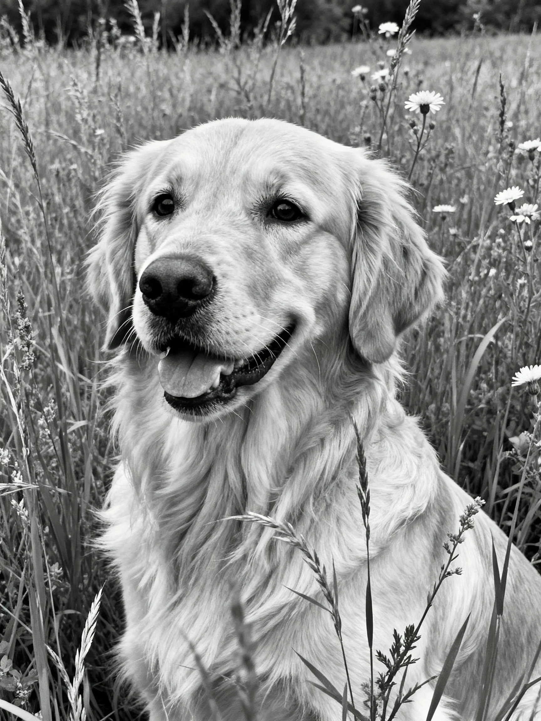 A golden retriever sits contentedly amid tall grasses and wildflowers in a monochrome landscape.