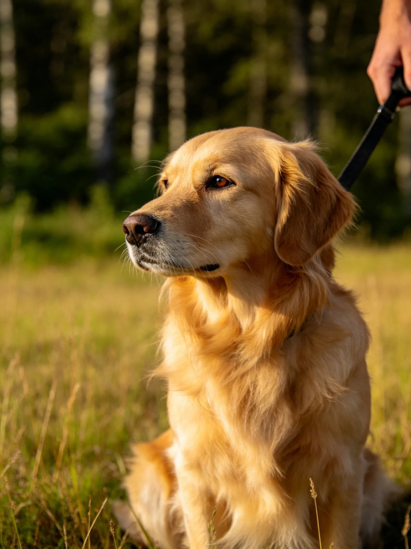 A golden retriever sits calmly on a sunlit grassy area near trees.