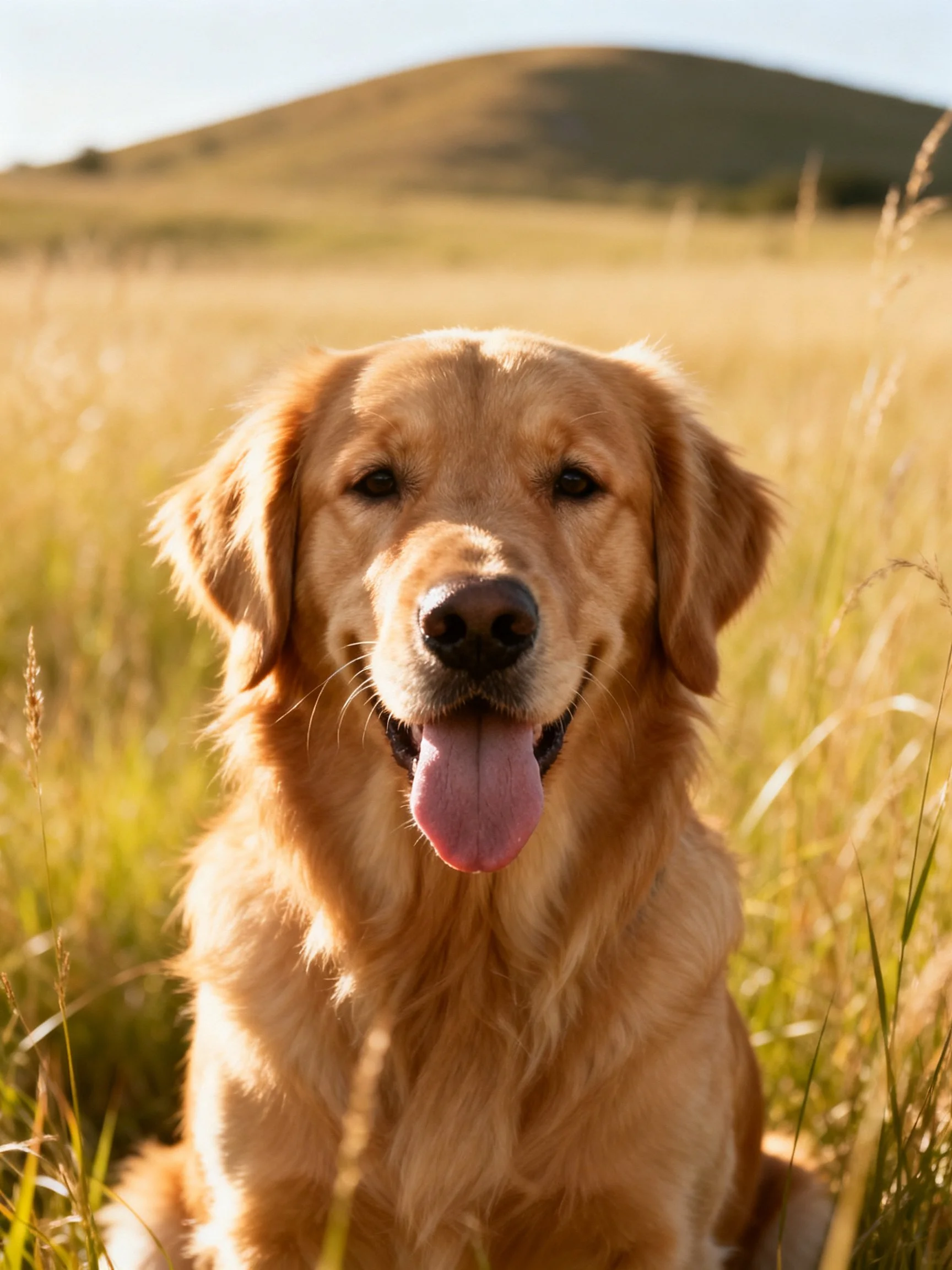 Golden retriever sitting contentedly in sunlit tall grass