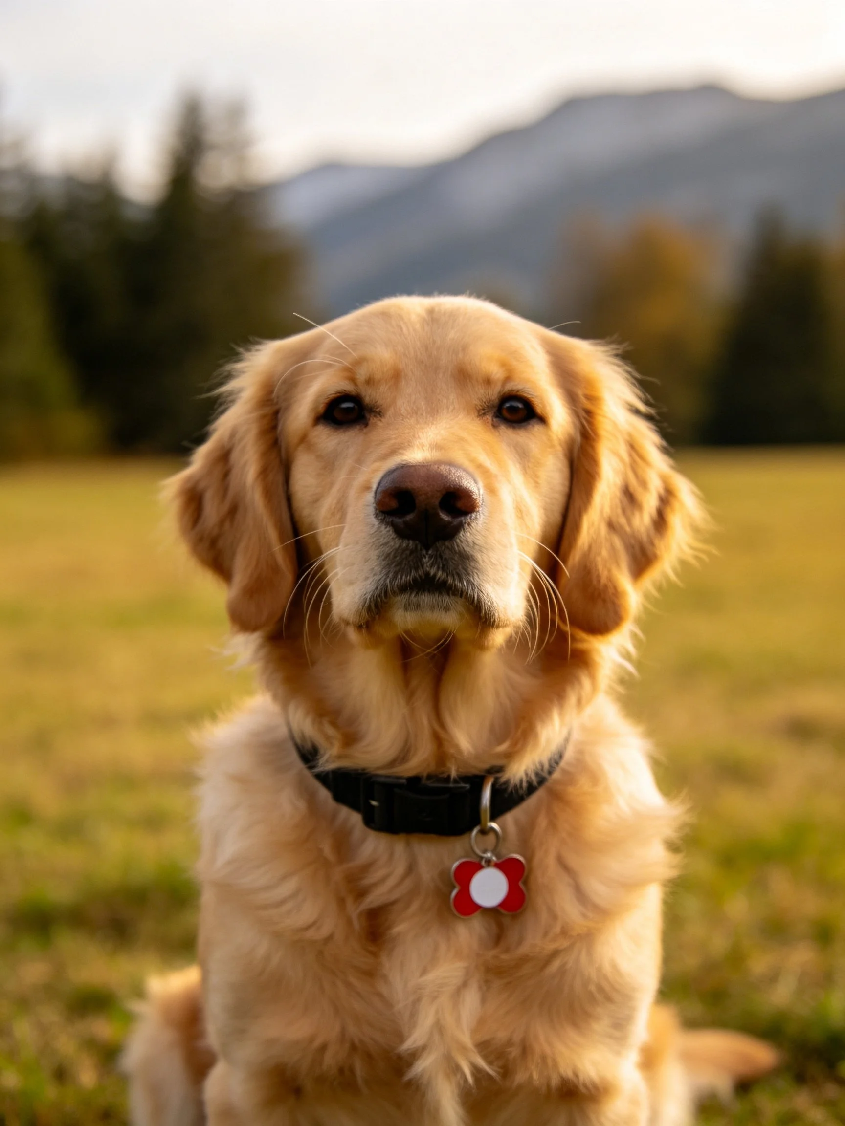A golden retriever sits calmly in a sunlit outdoor area with mountains in the background.