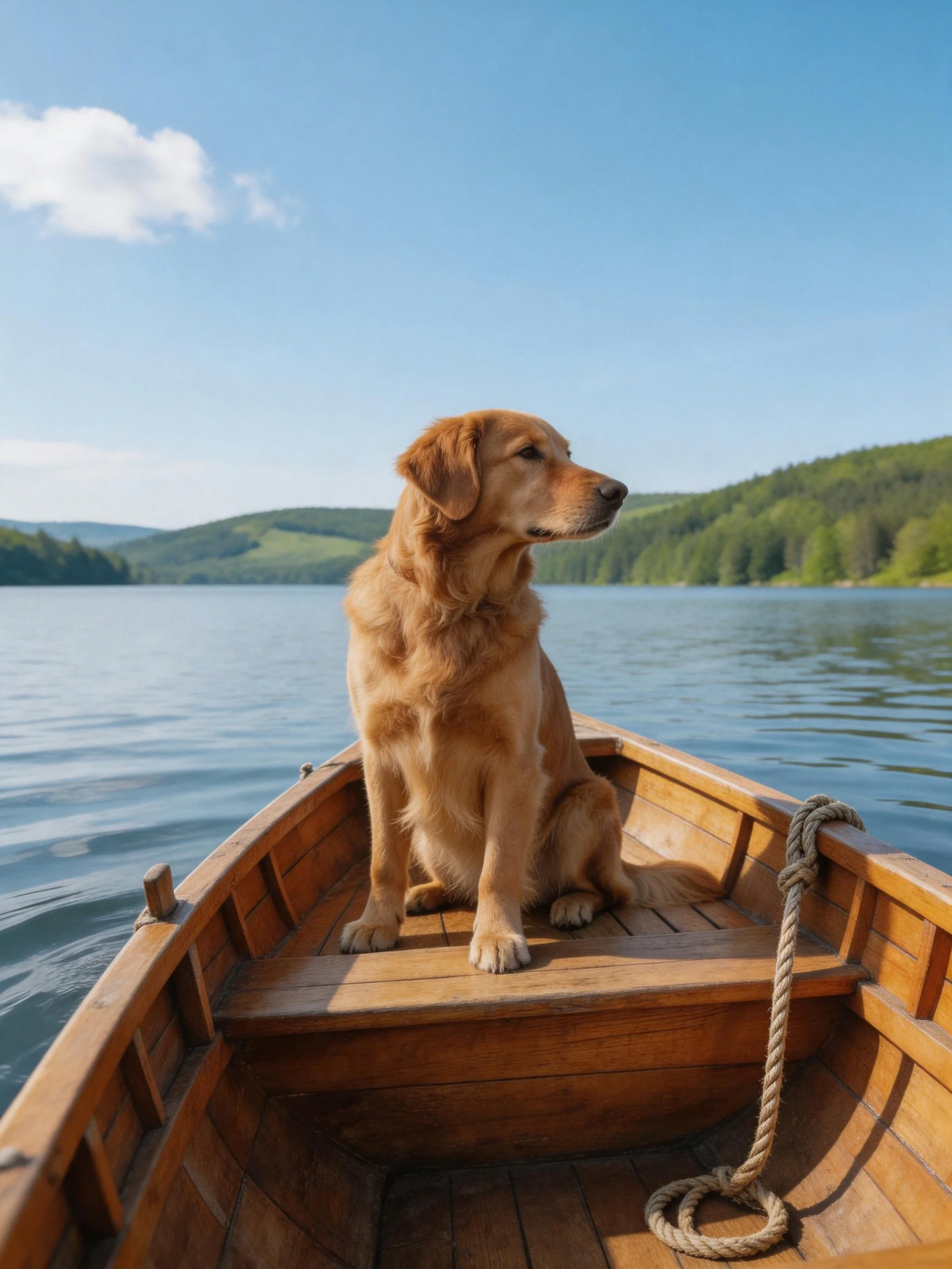 Golden retriever sitting in a wooden boat on calm water