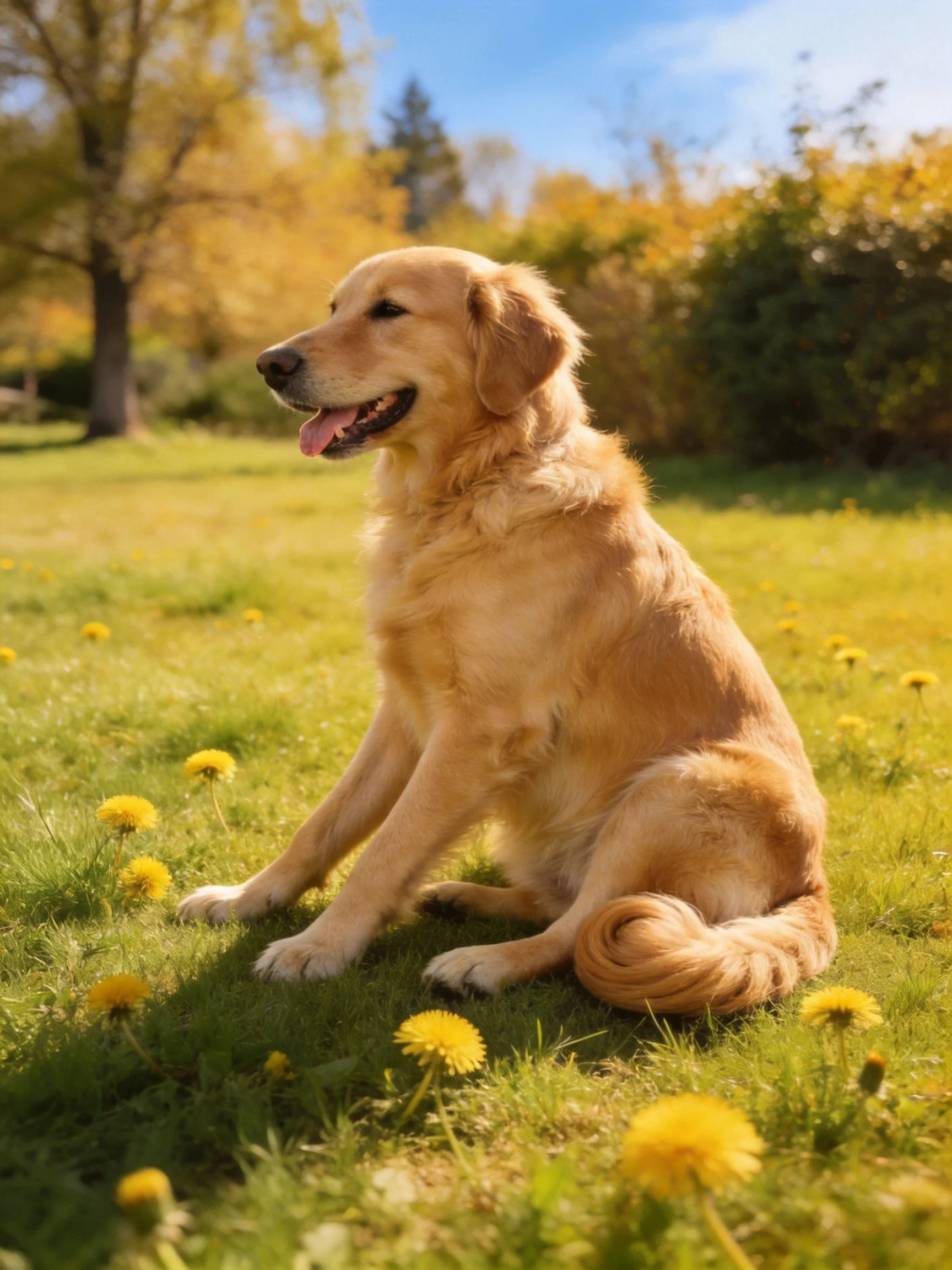 A golden retriever sits calmly among dandelions in a sunlit area with autumnal trees.