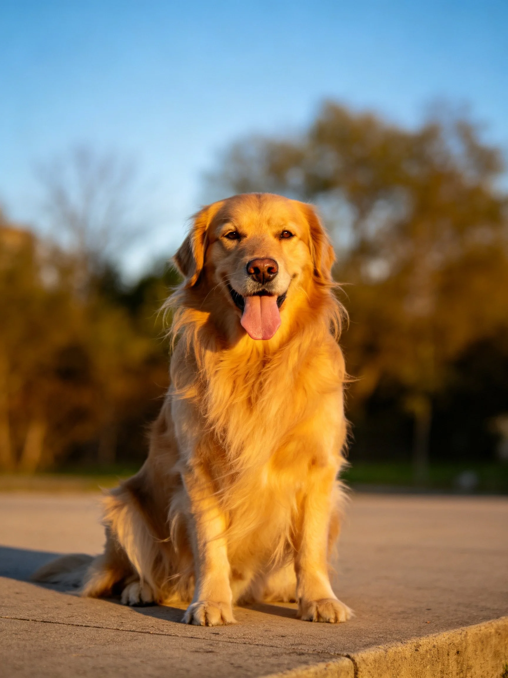 Golden retriever sits contentedly on concrete under sunny skies.