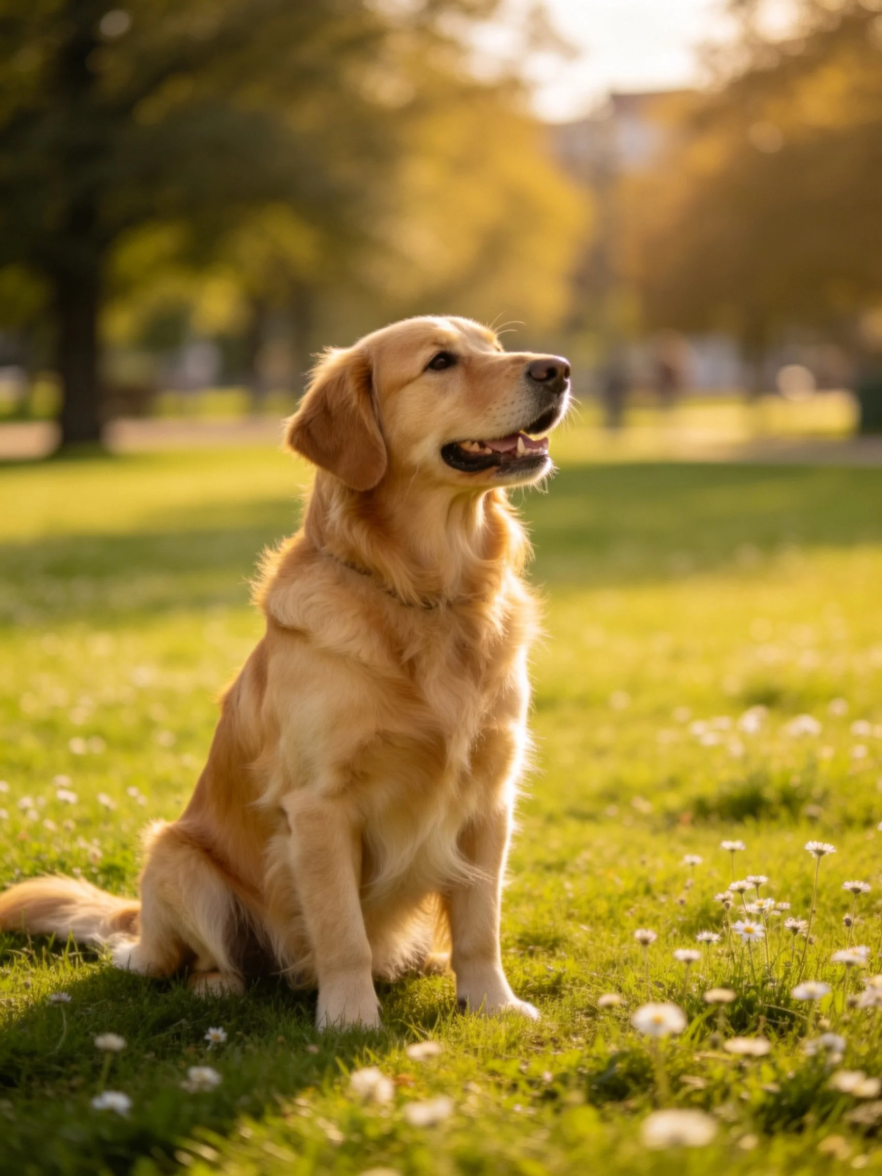 A golden retriever sits calmly on grass in a sunlit outdoor setting.