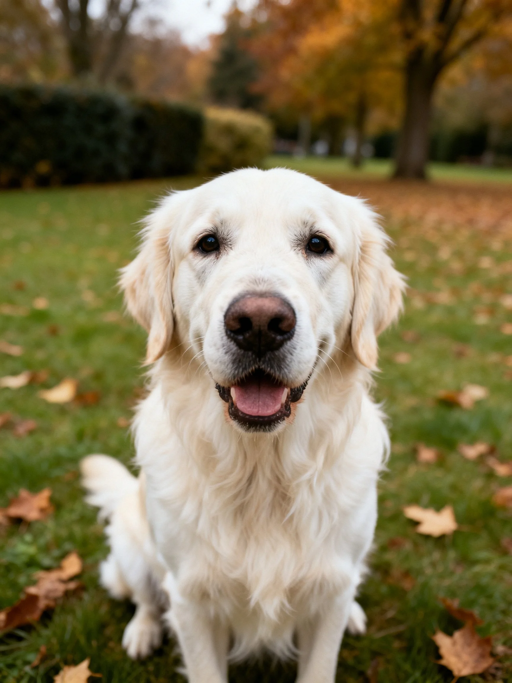 A golden retriever sits on grass in an autumn park setting.