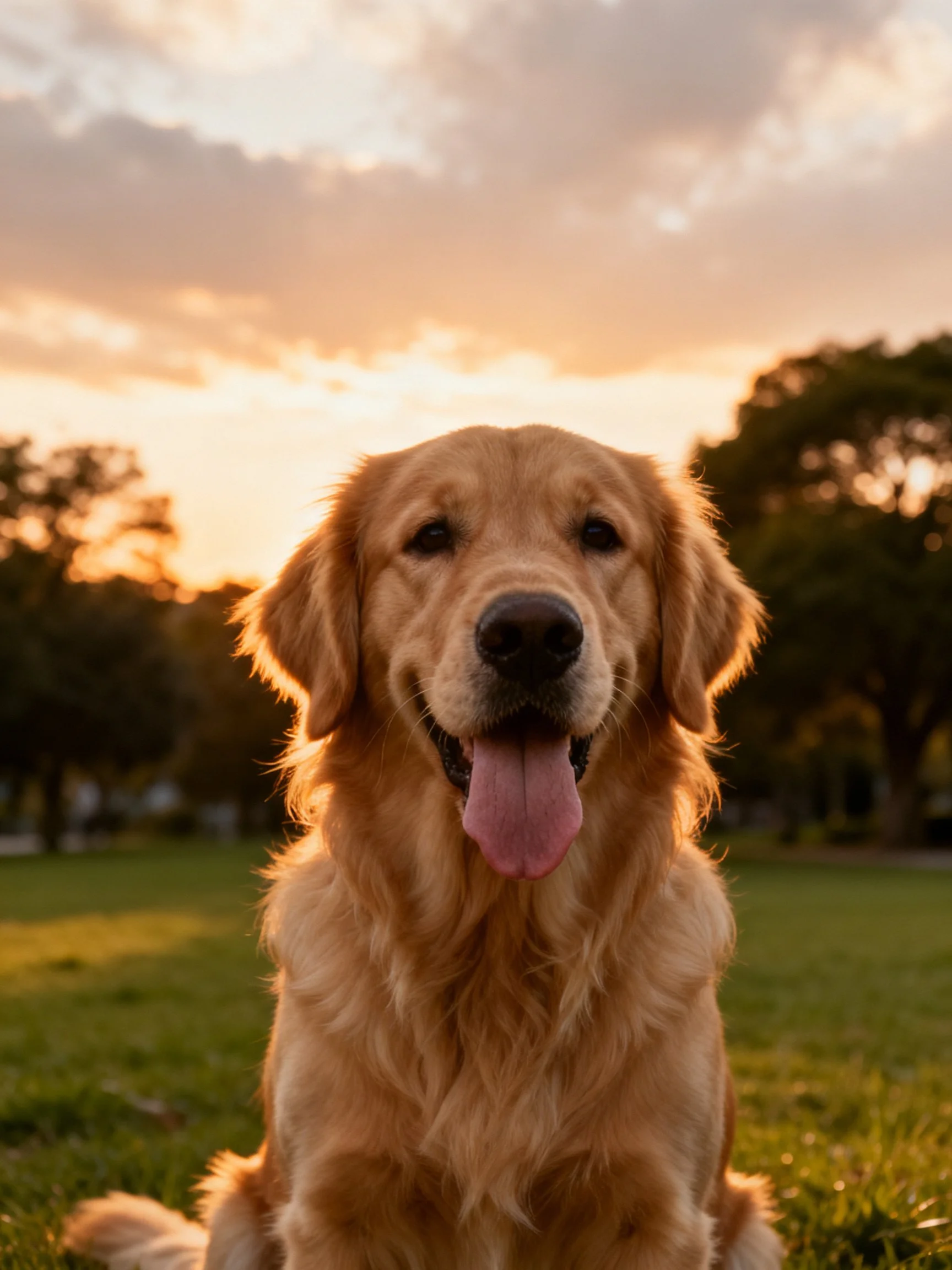 A golden retriever sits contentedly on grass as the sun sets.