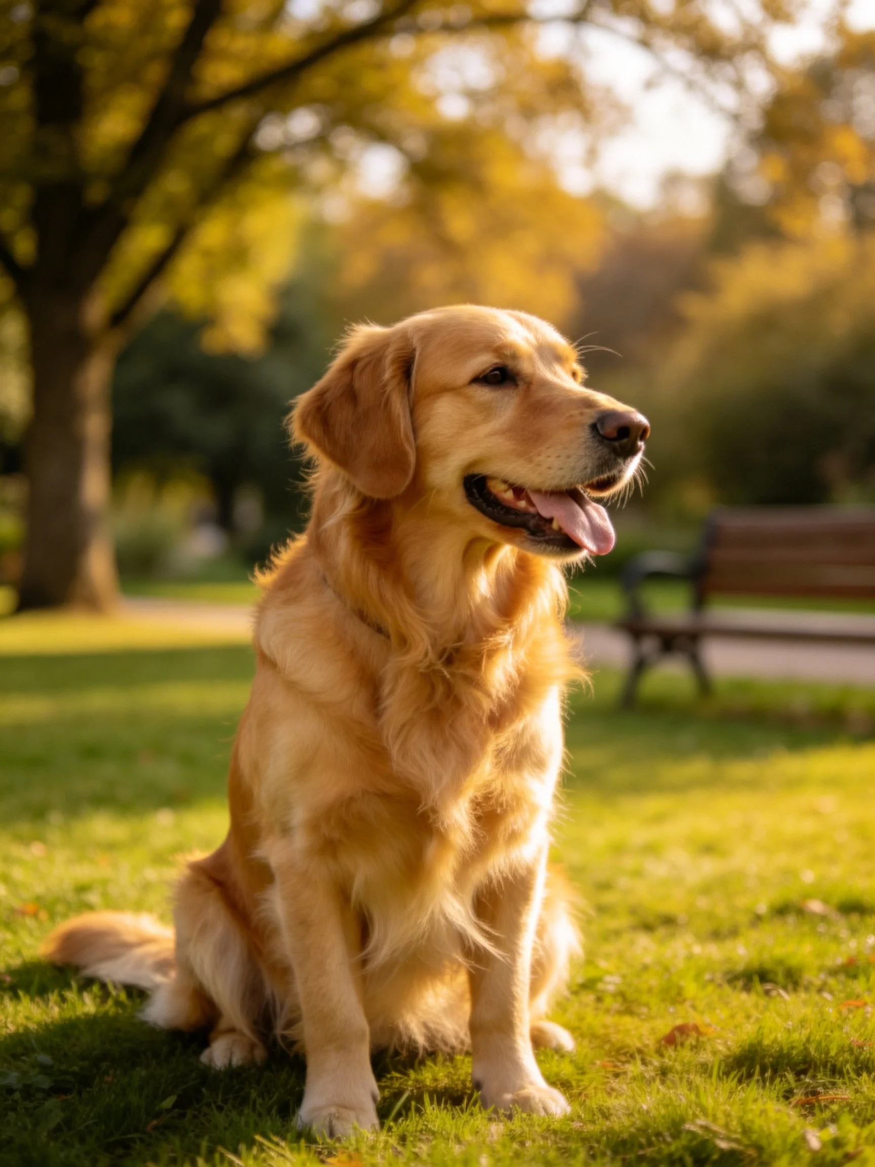 A golden retriever relaxes on grass in a sunlit park setting.