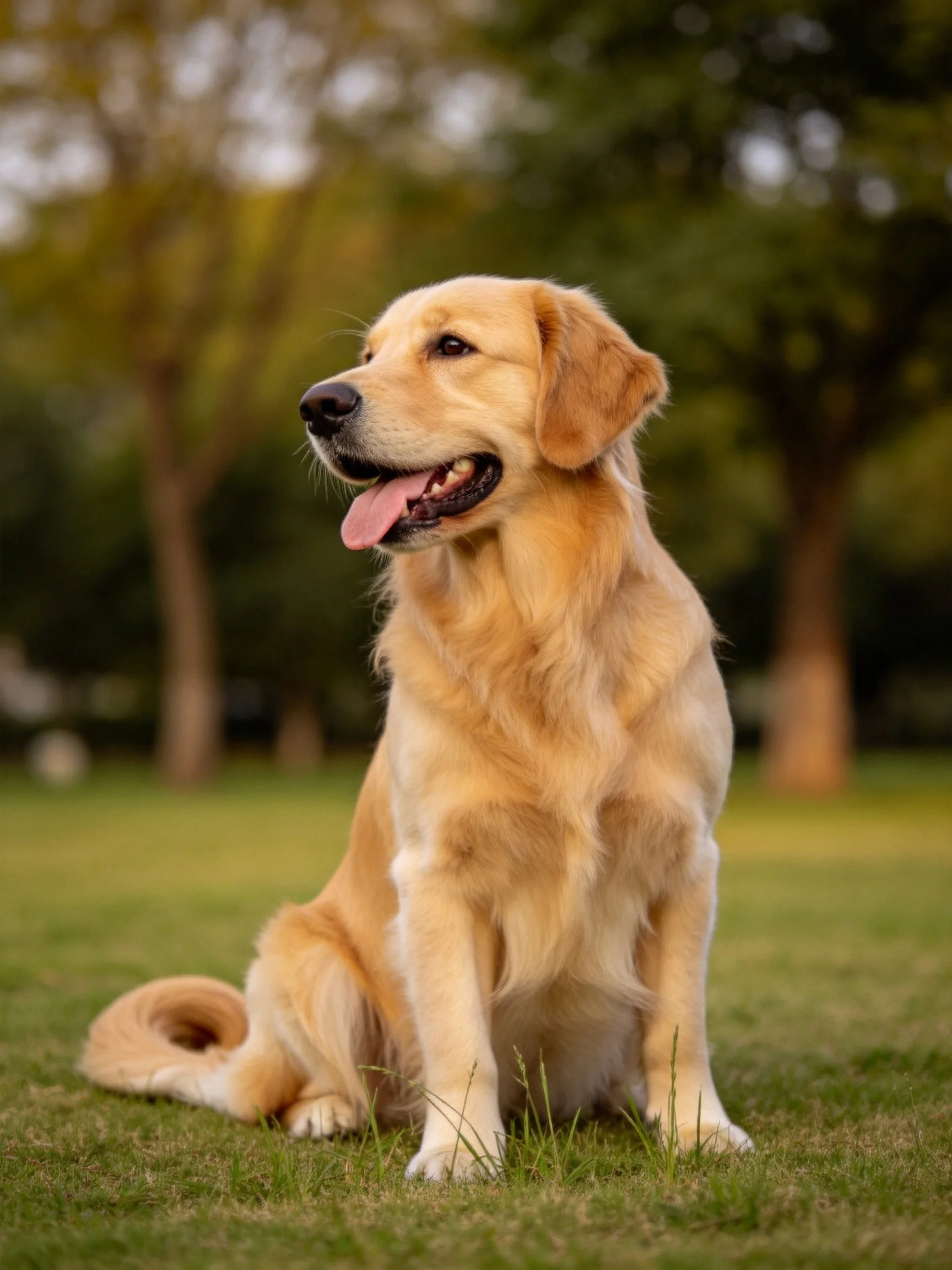 A golden retriever sits on grass amid trees in a park.