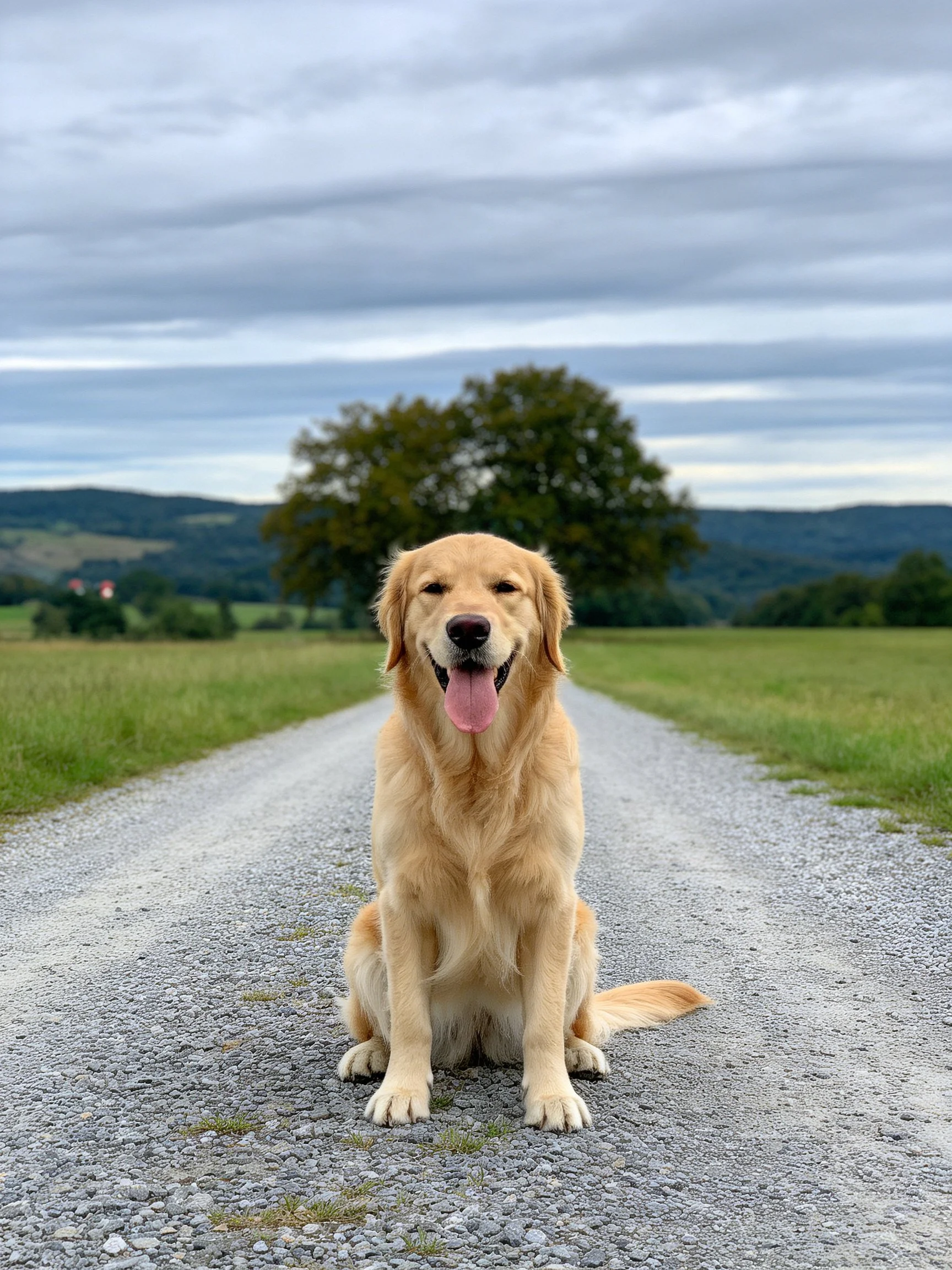 Golden retriever sitting on gravel path with rural backdrop