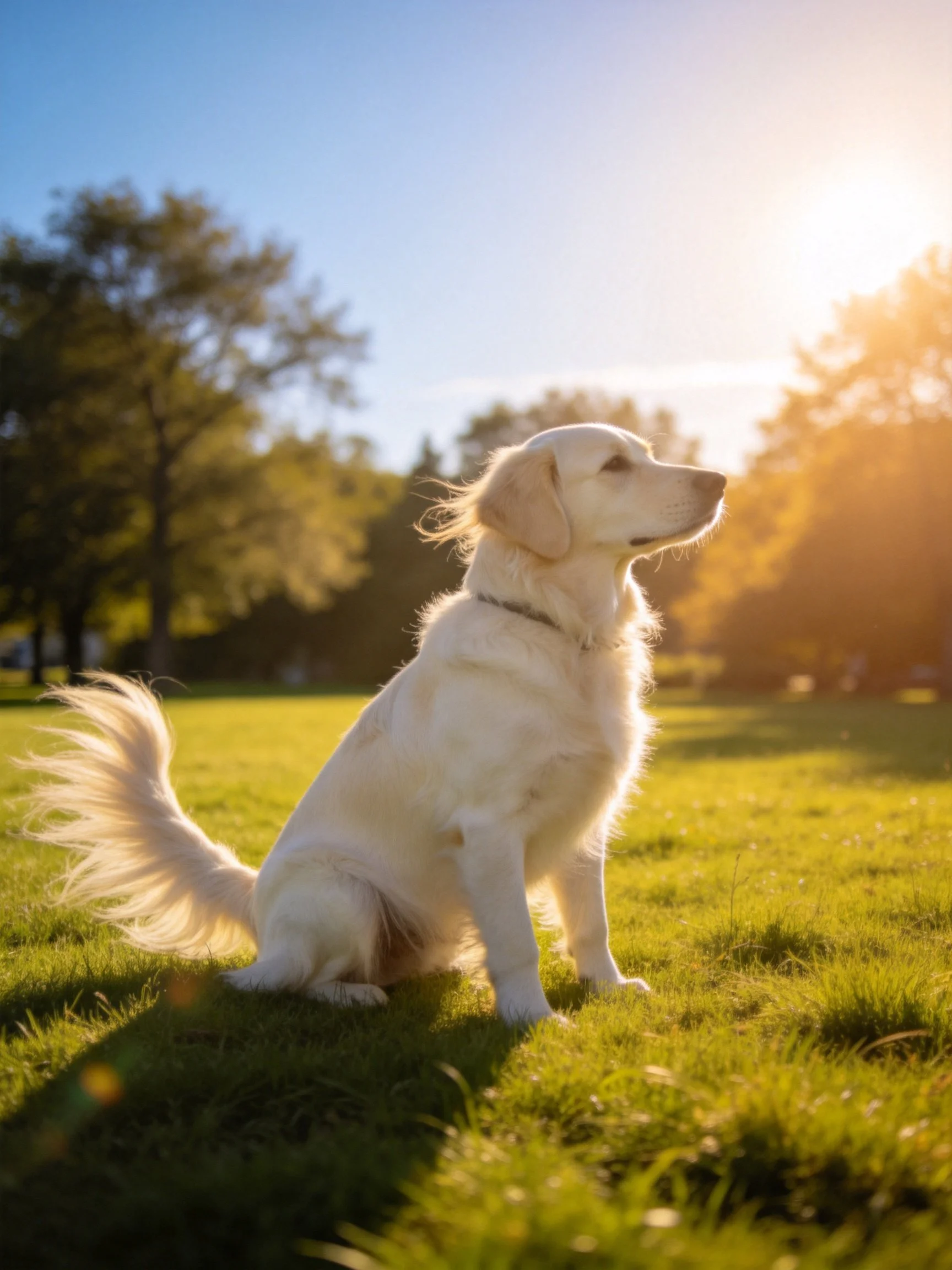 A golden retriever sits calmly on grass in a sunlit outdoor setting.