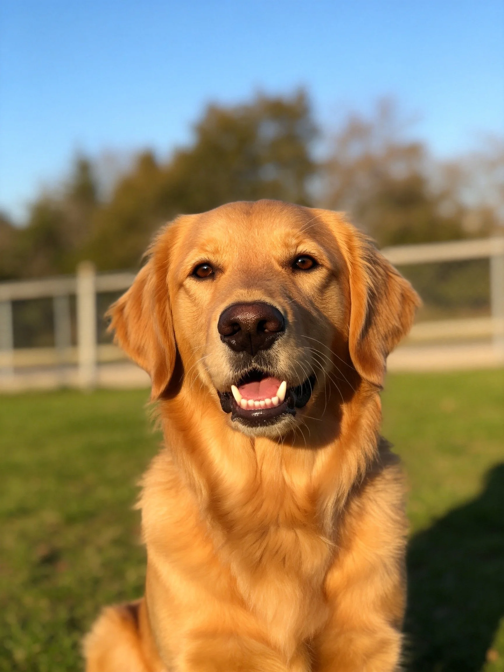A golden retriever sits contentedly on grass beside a fence.