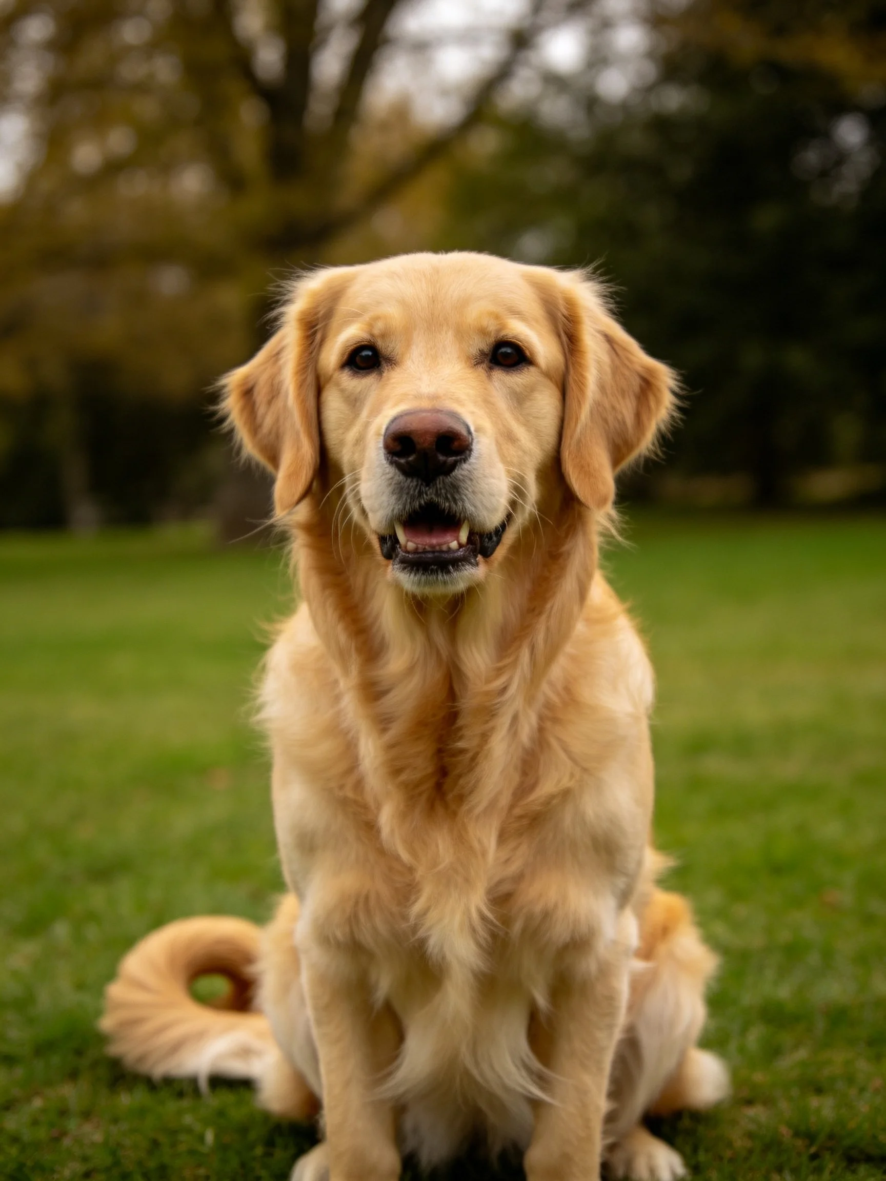 A golden retriever sits calmly on green grass in a natural outdoor setting.
