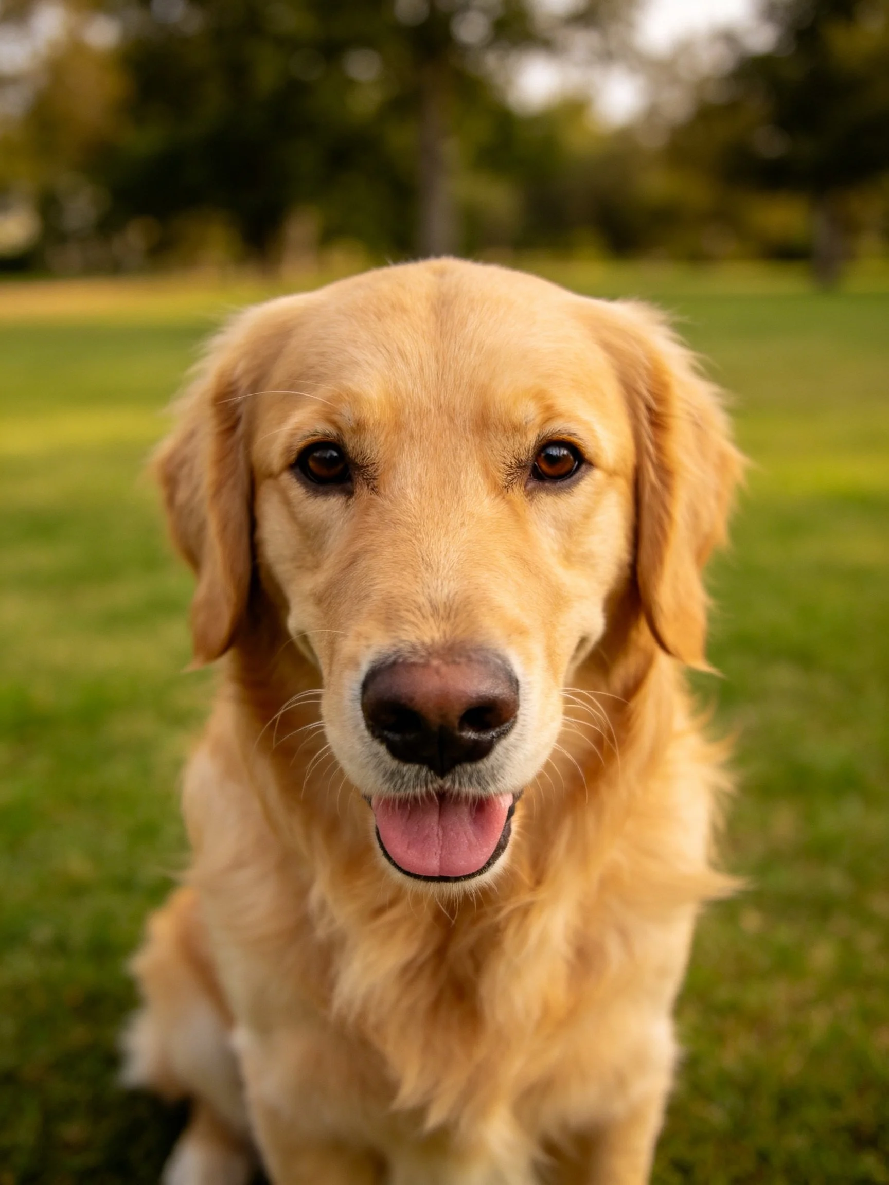 A golden retriever sits calmly on green grass in an outdoor environment.
