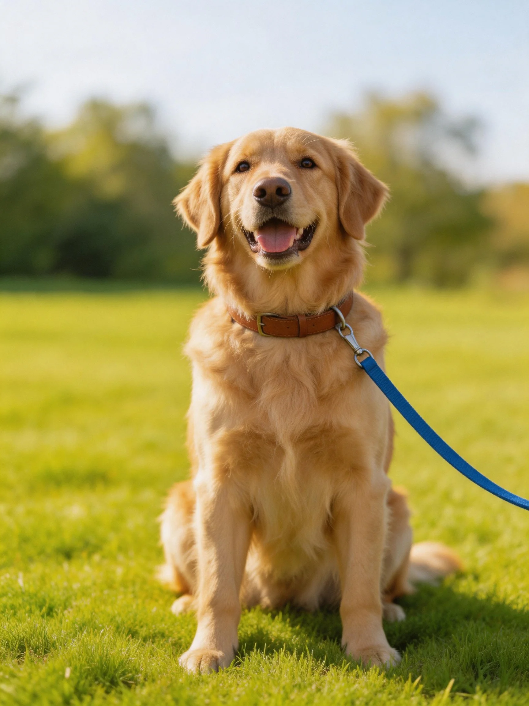 A golden retriever sits calmly on grass with a collar and leash.