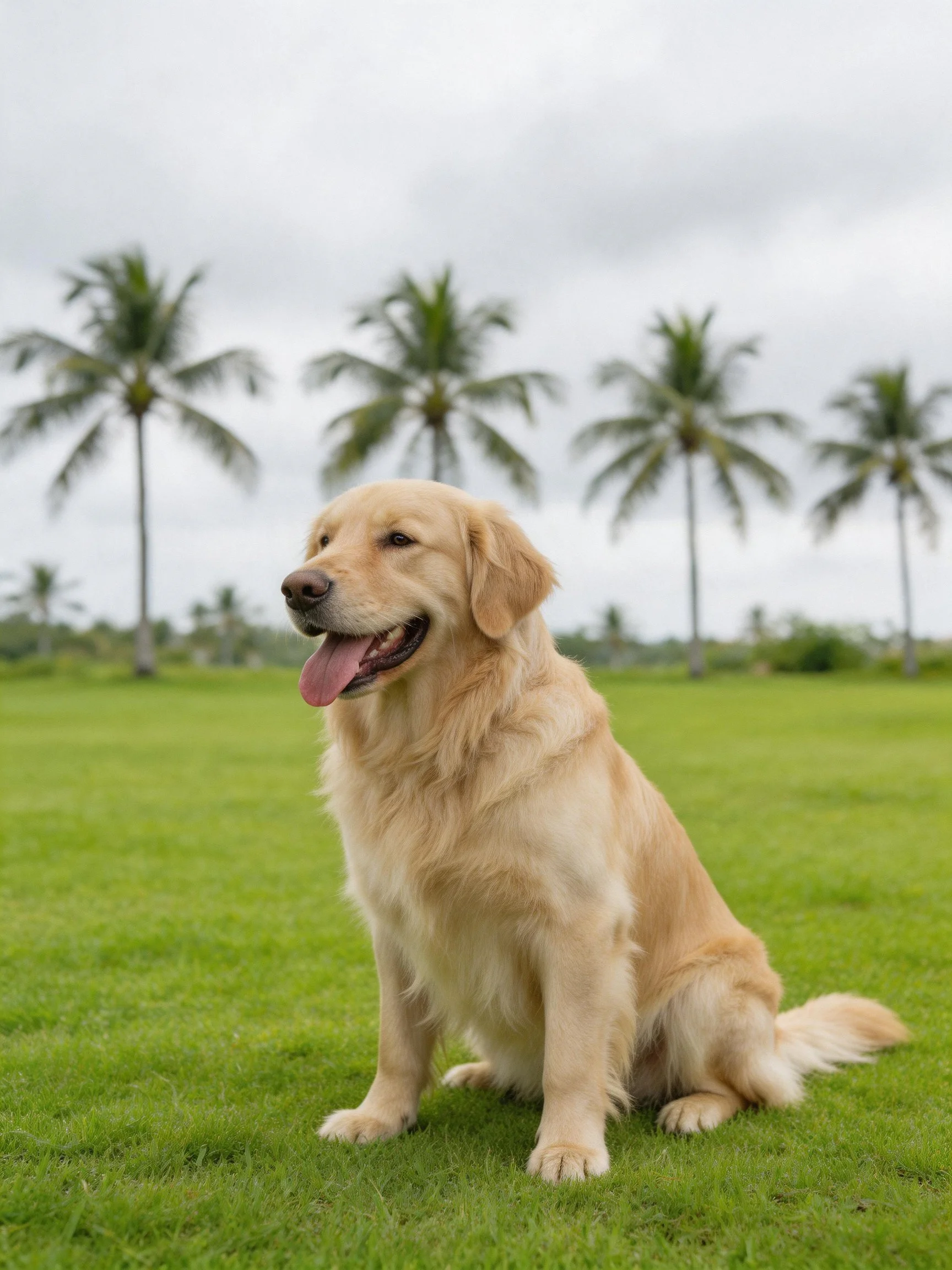 A golden retriever sits calmly on green grass with palm trees in the distance.