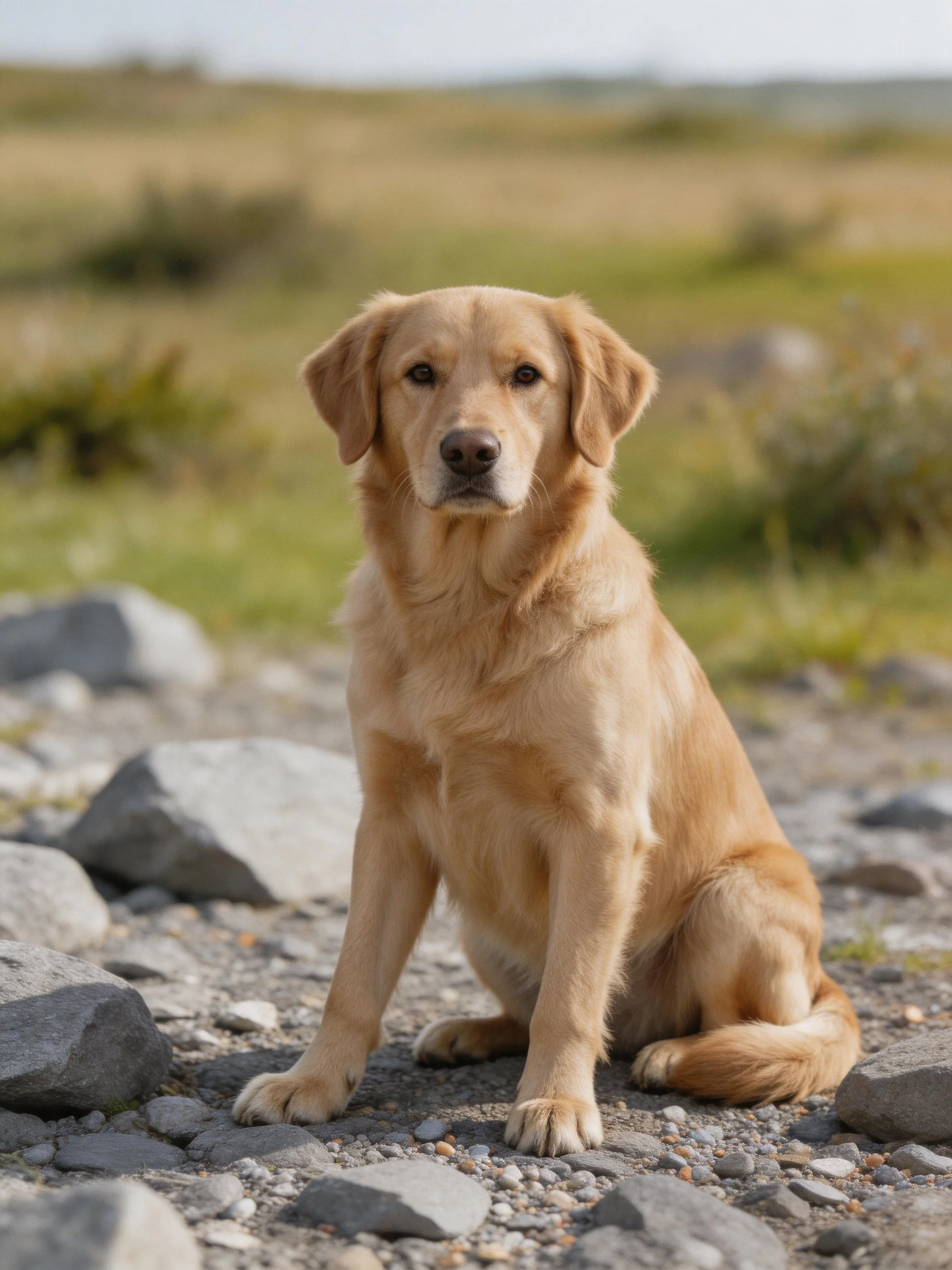 A golden retriever sits on rocky ground with a blurred natural backdrop.