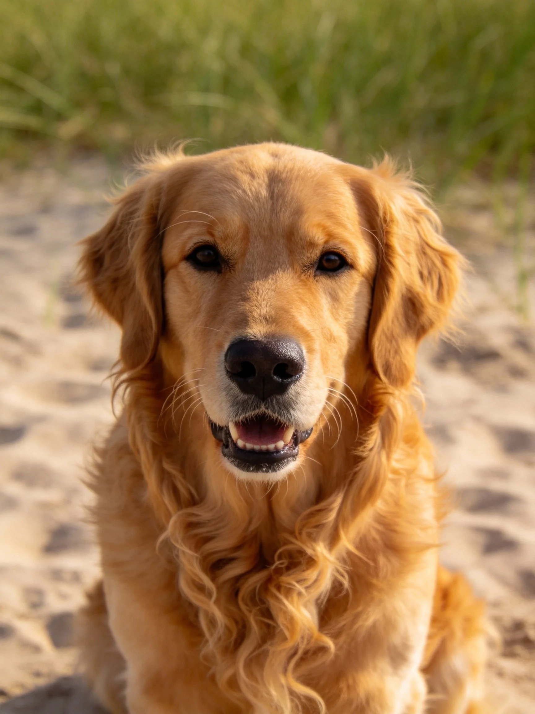 A golden retriever rests on sandy ground with green vegetation nearby.
