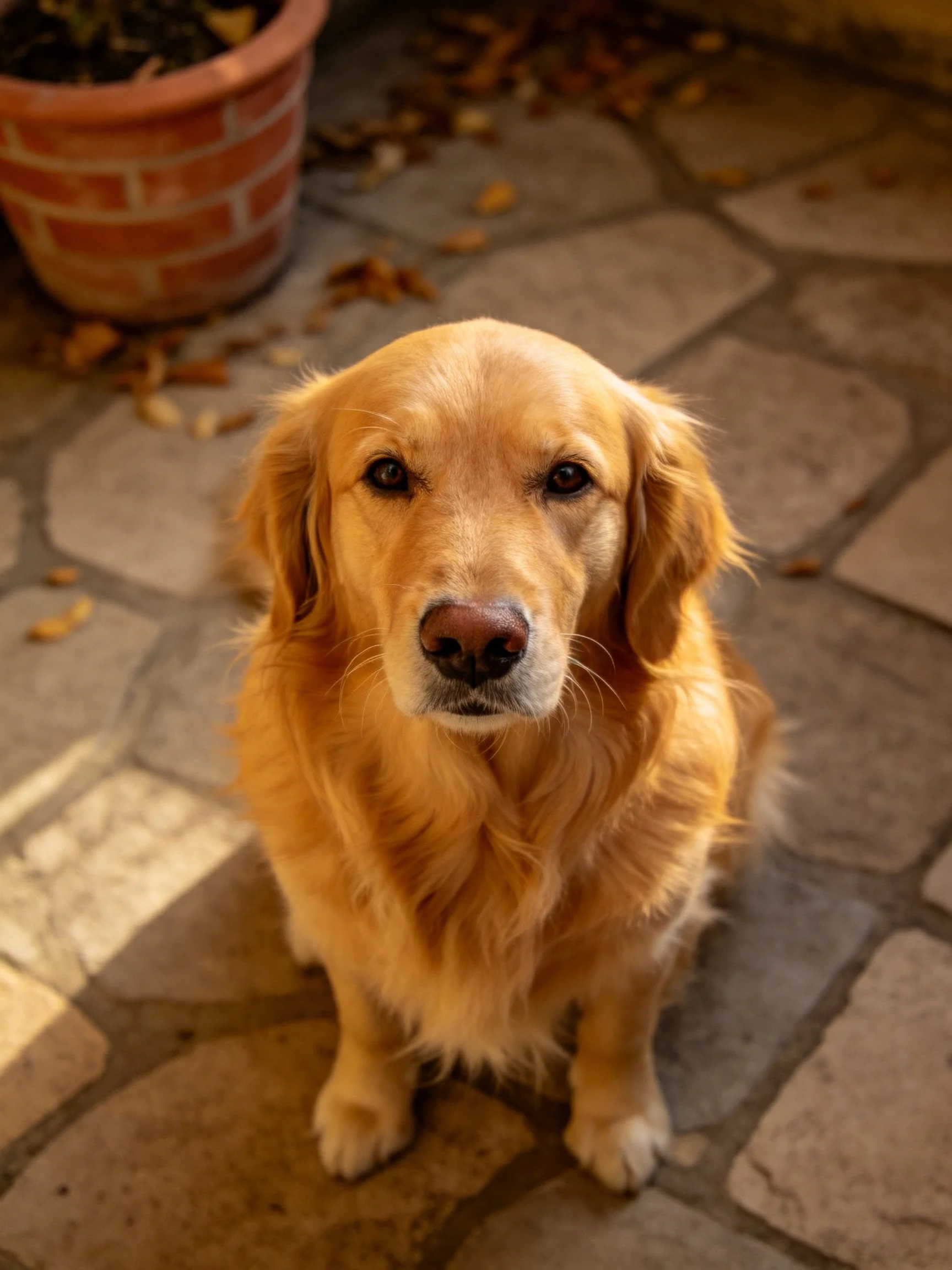 Golden retriever sits calmly on stone tiles outdoors.