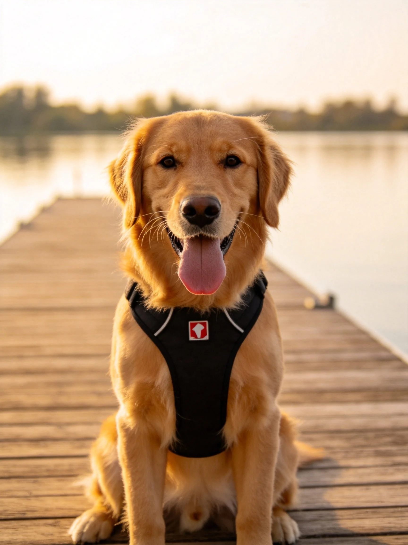 Golden retriever sitting on wooden dock by calm water