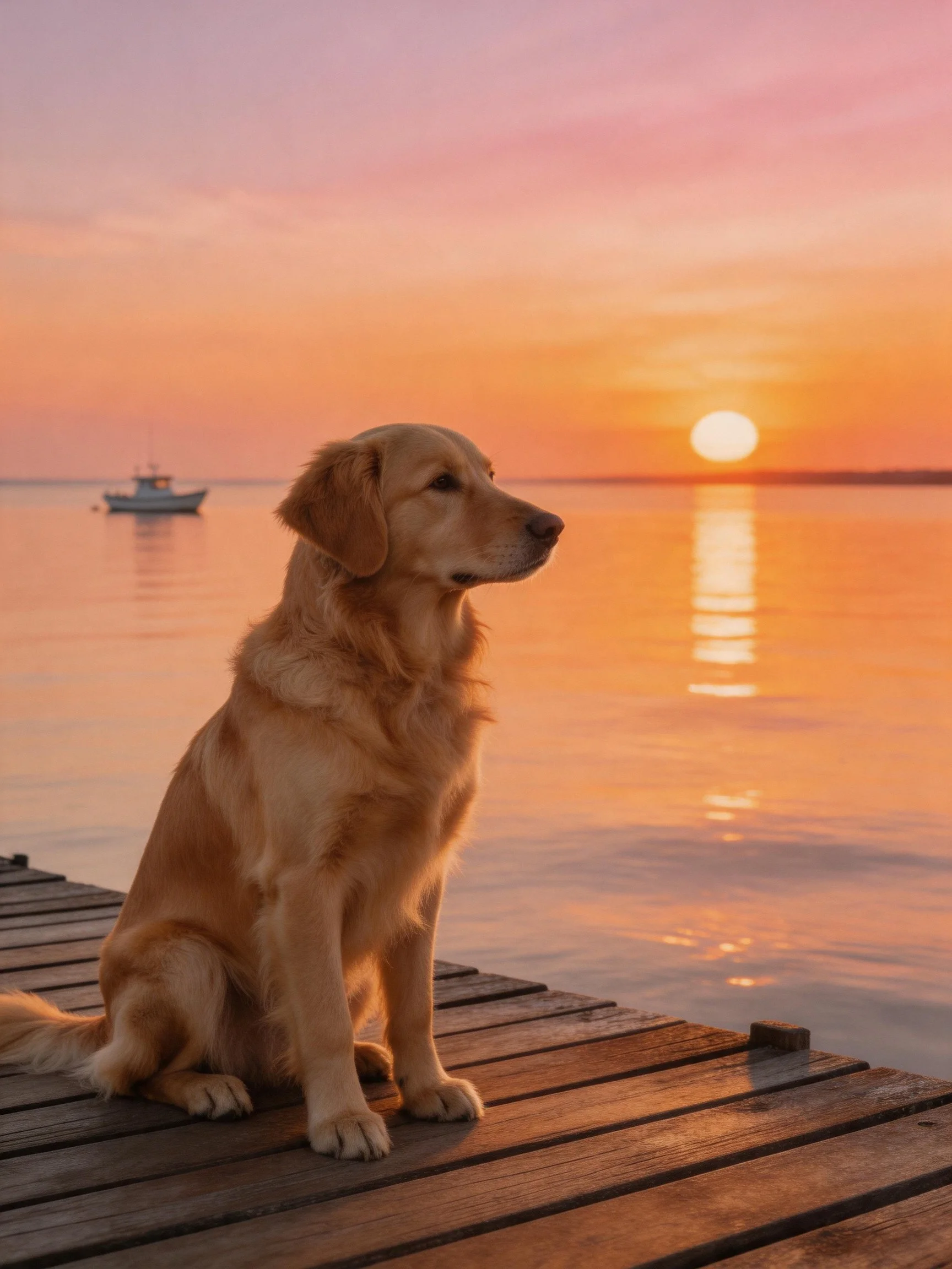 Golden retriever sitting on wooden dock during vibrant sunset