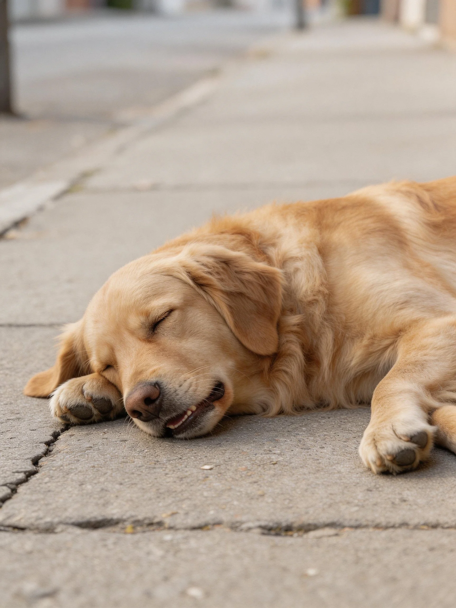 Golden retriever sleeping on a cracked sidewalk