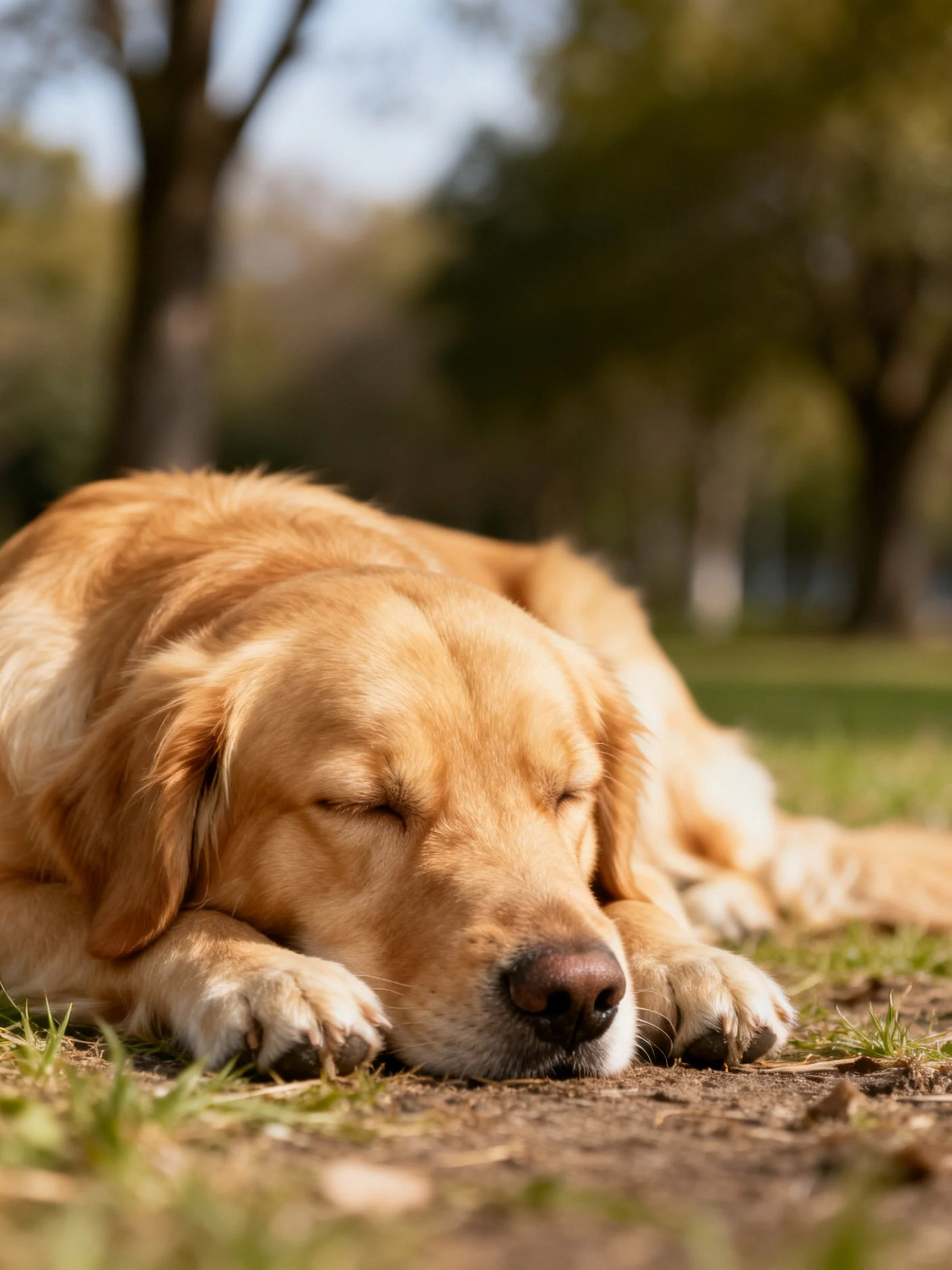 Golden retriever sleeping on grass in a tree-lined park setting.